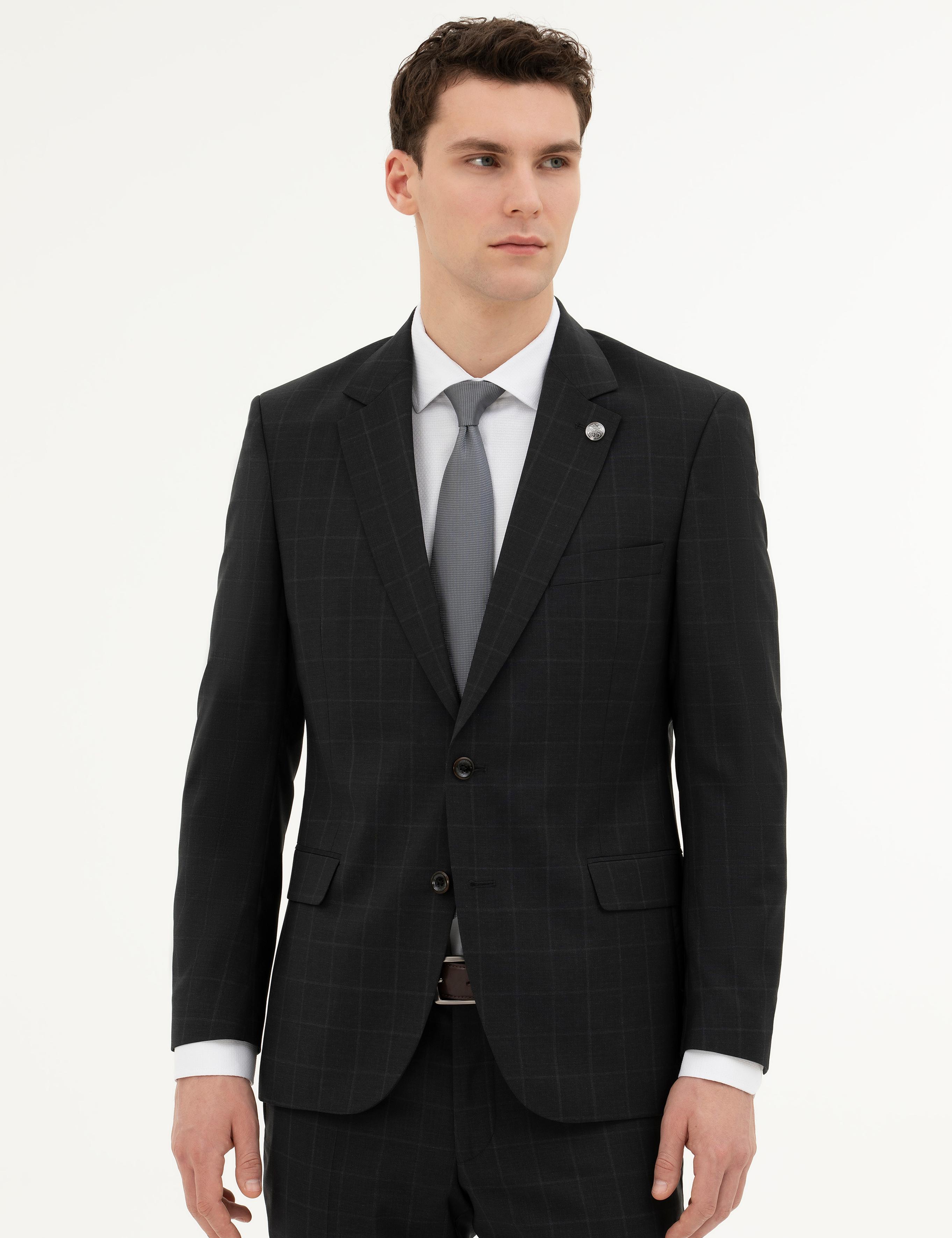 Siyah Slim Fit %100 Yün Ekose Takım Elbise