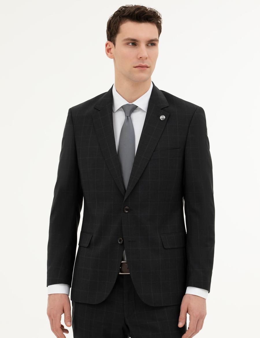 Siyah Slim Fit %100 Yün Ekose Takım Elbise