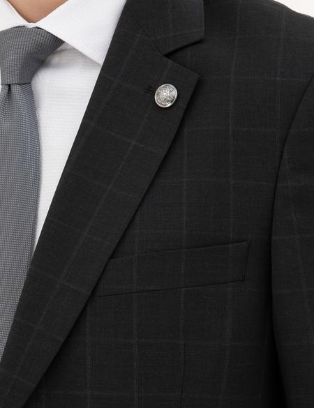 Siyah Slim Fit %100 Yün Ekose Takım Elbise - 50285258062