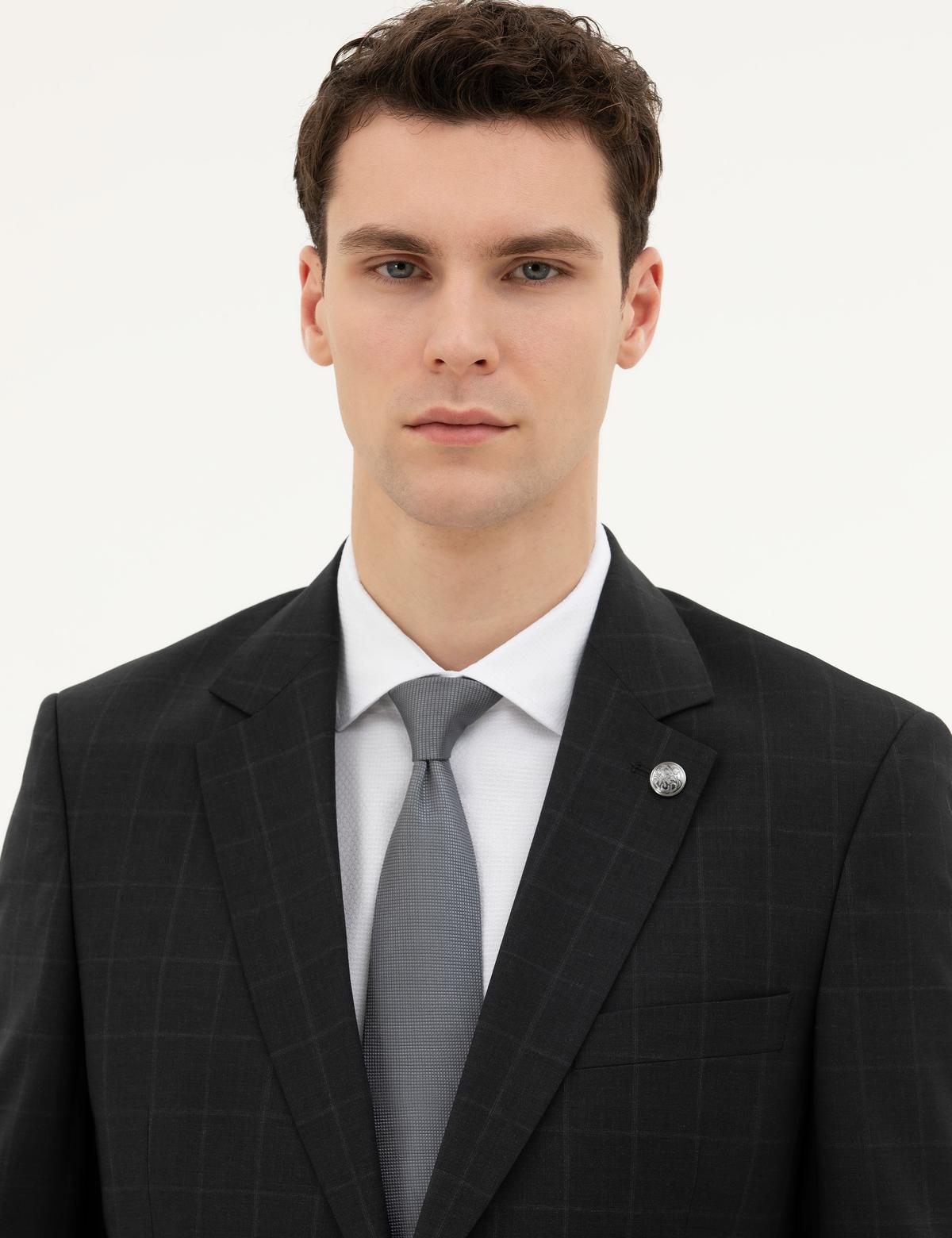 Siyah Slim Fit %100 Yün Ekose Takım Elbise - 50285258062