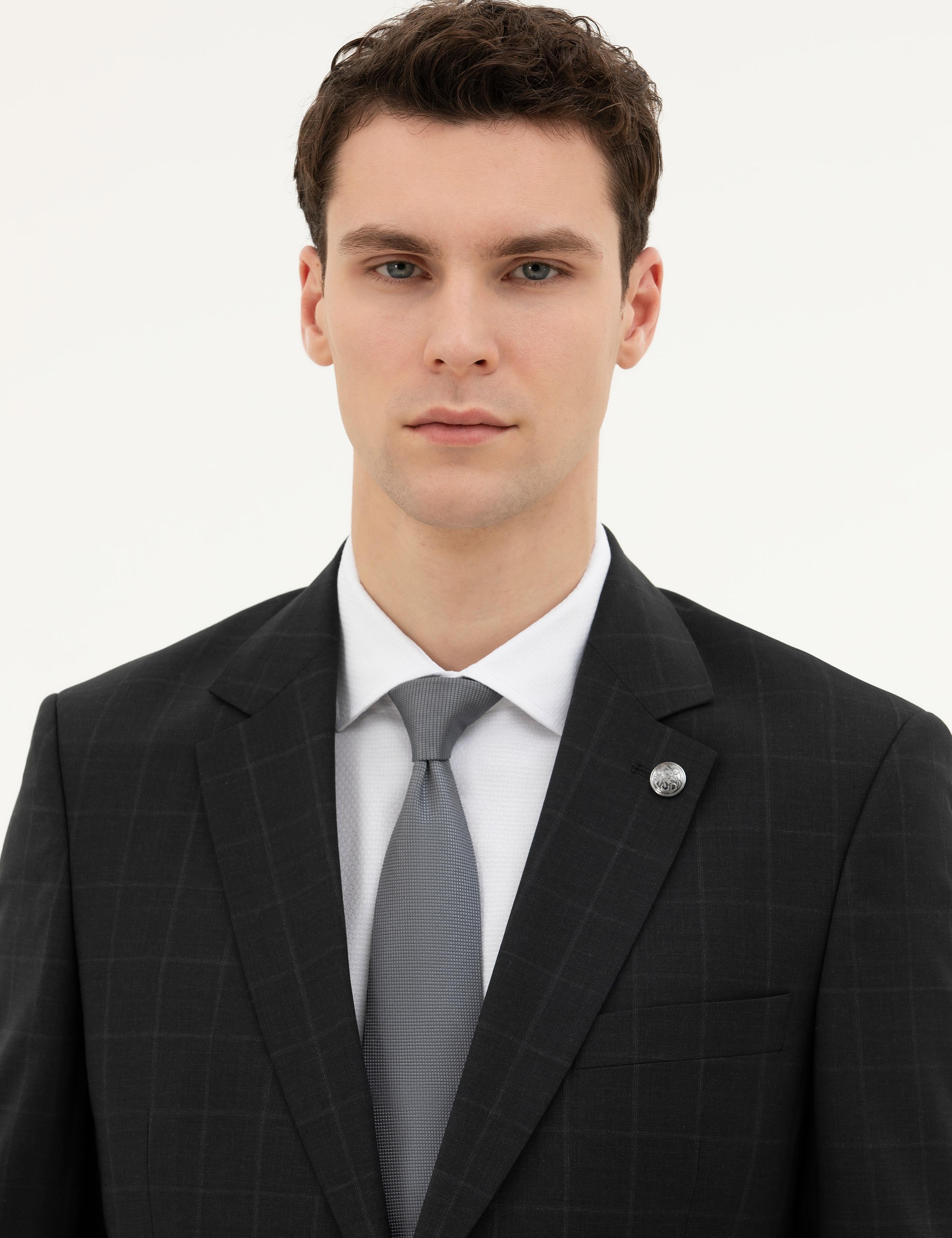 Siyah Slim Fit %100 Yün Ekose Takım Elbise