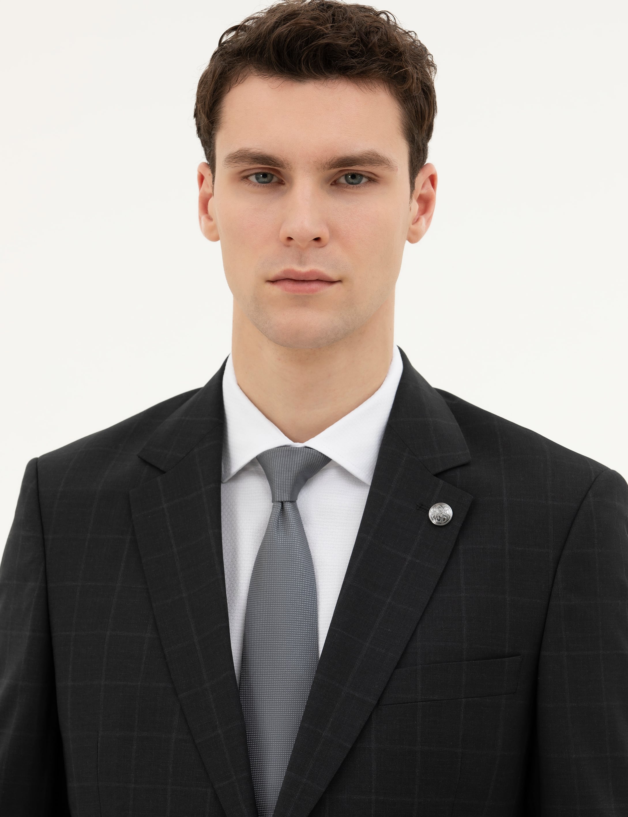 Siyah Slim Fit %100 Yün Ekose Takım Elbise