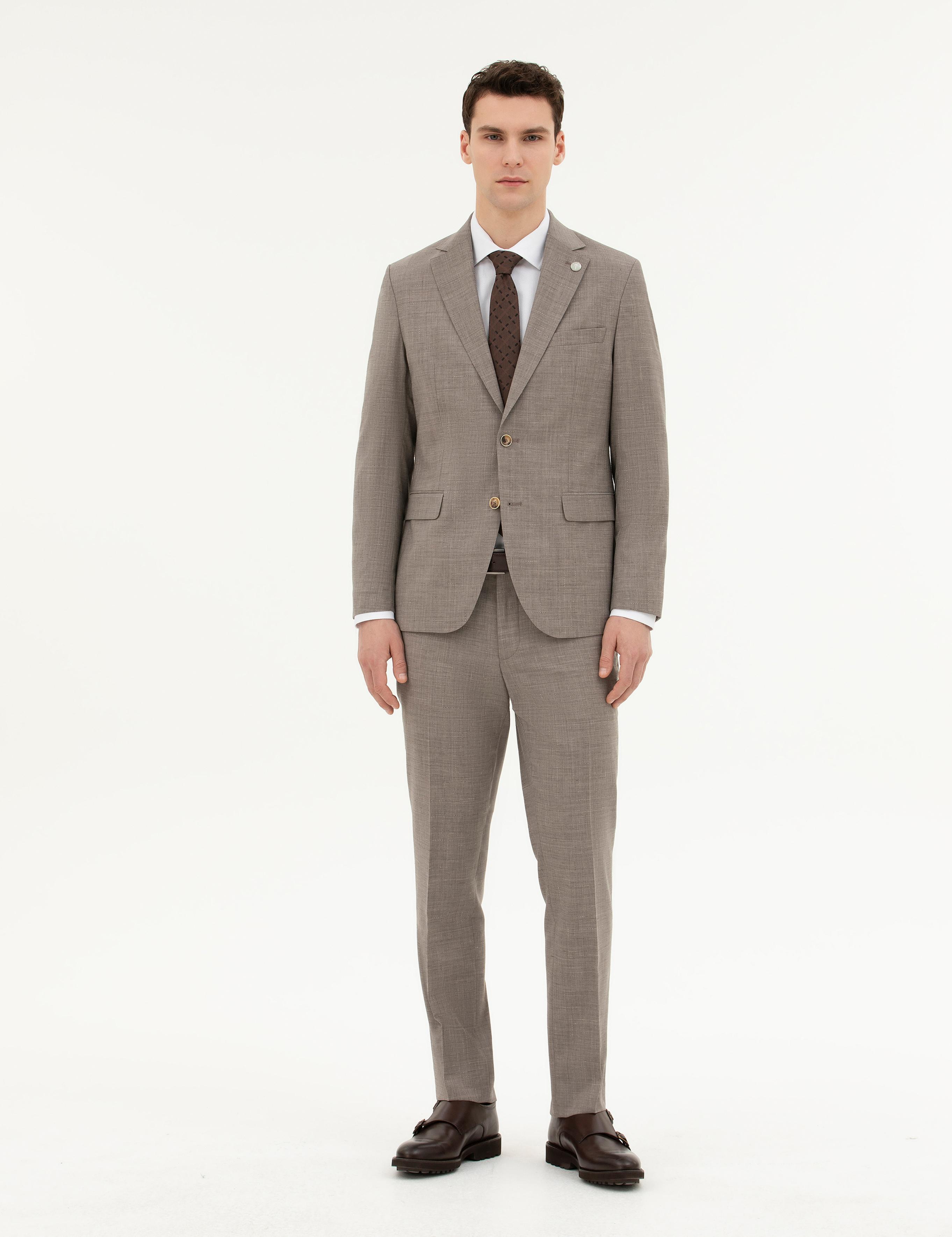 Açık Kahverengi Slim Fit Yün Takım Elbise