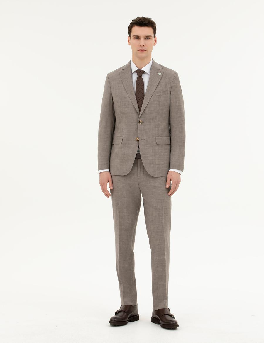 Açık Kahverengi Slim Fit Yün Takım Elbise