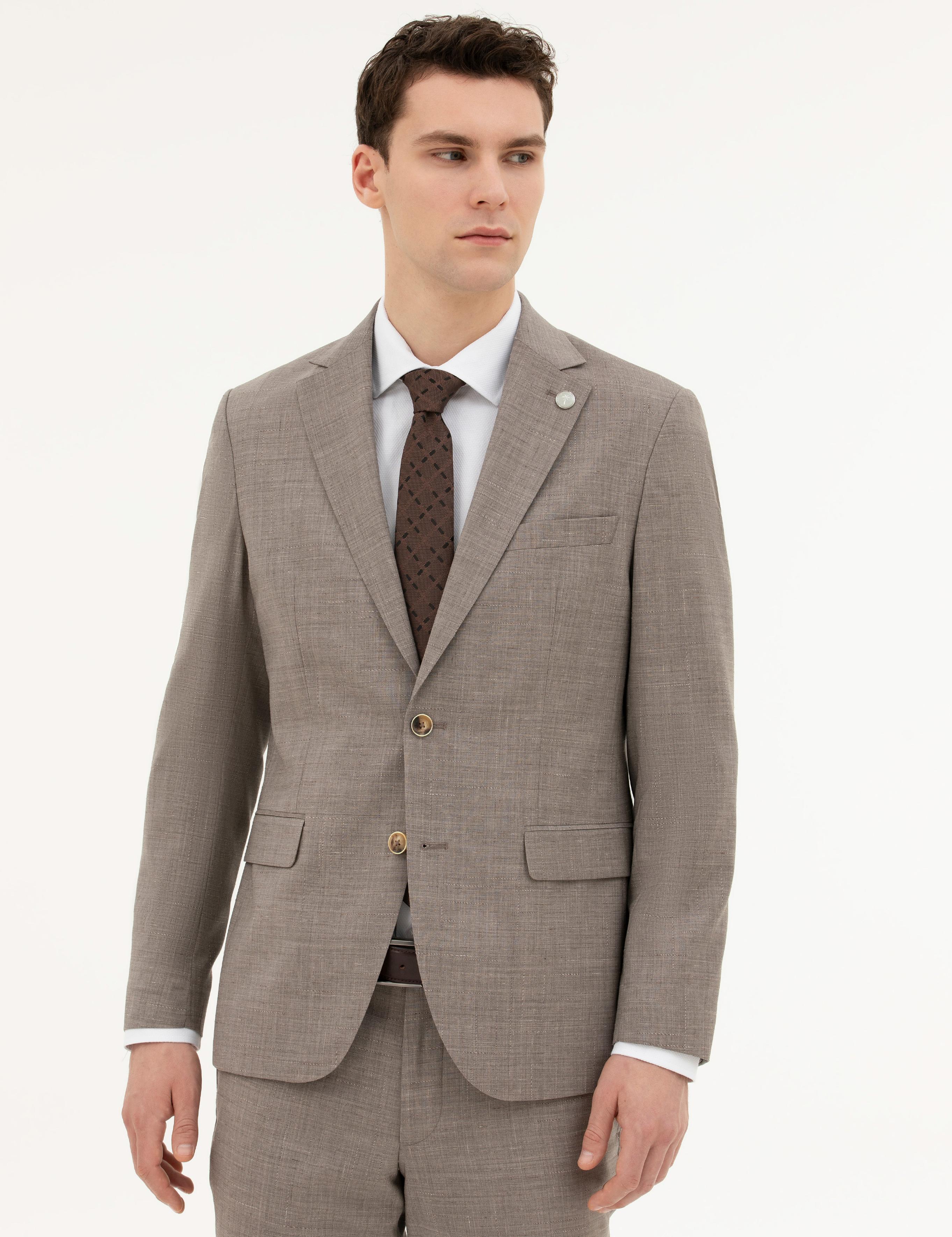 Açık Kahverengi Slim Fit Yün Takım Elbise