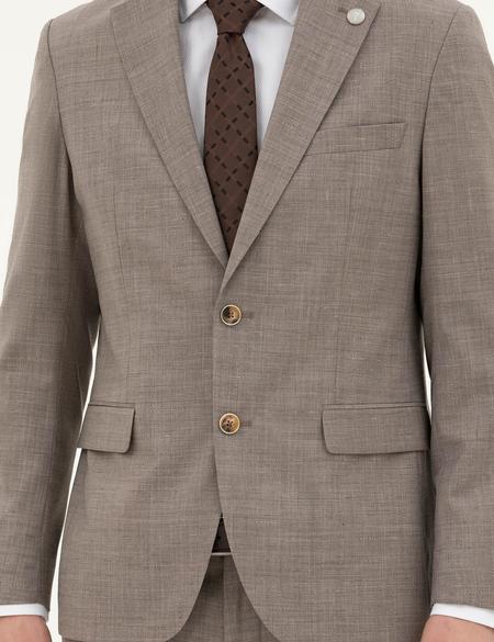 Açık Kahverengi Slim Fit Yün Takım Elbise - 50285271005