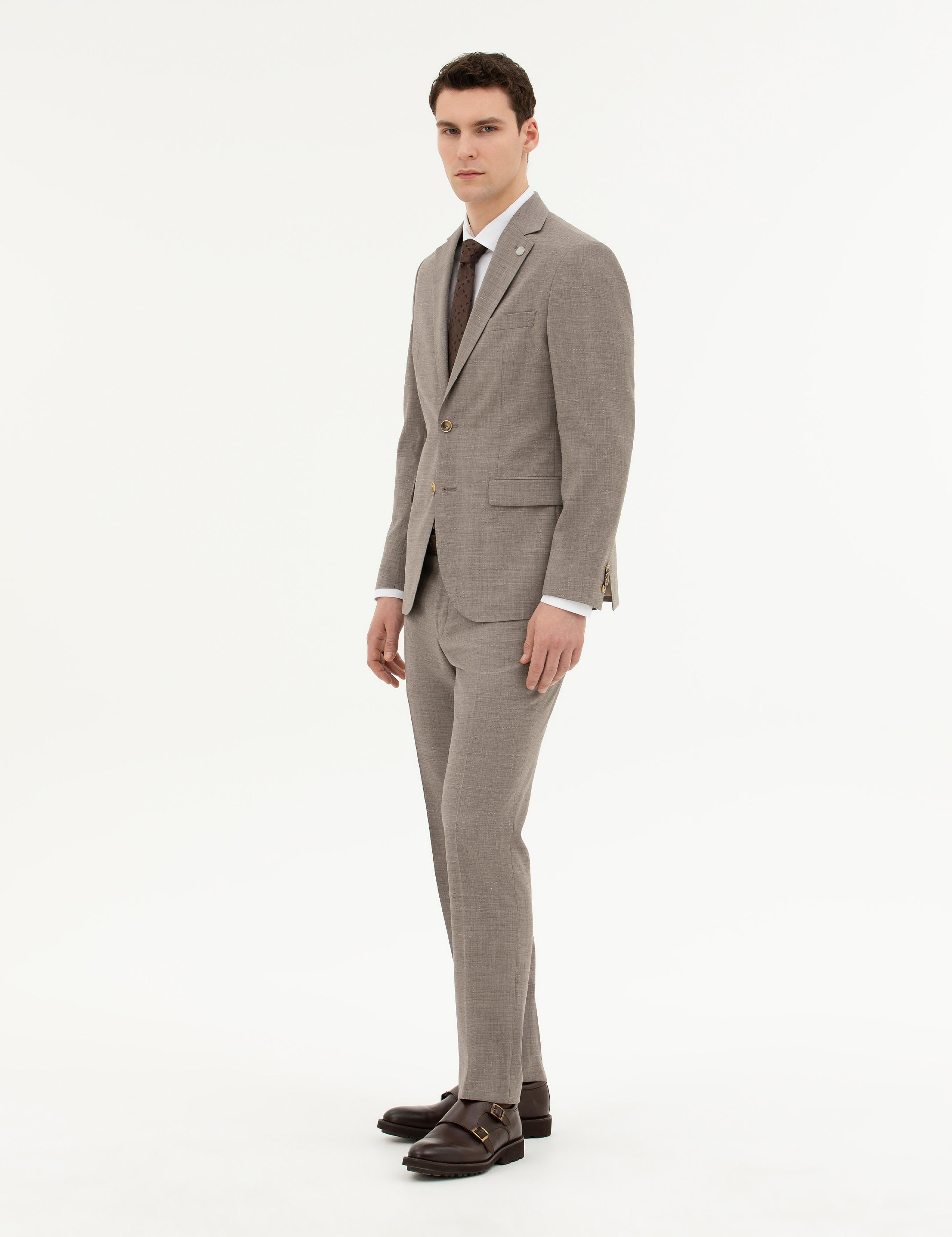 Açık Kahverengi Slim Fit Yün Takım Elbise