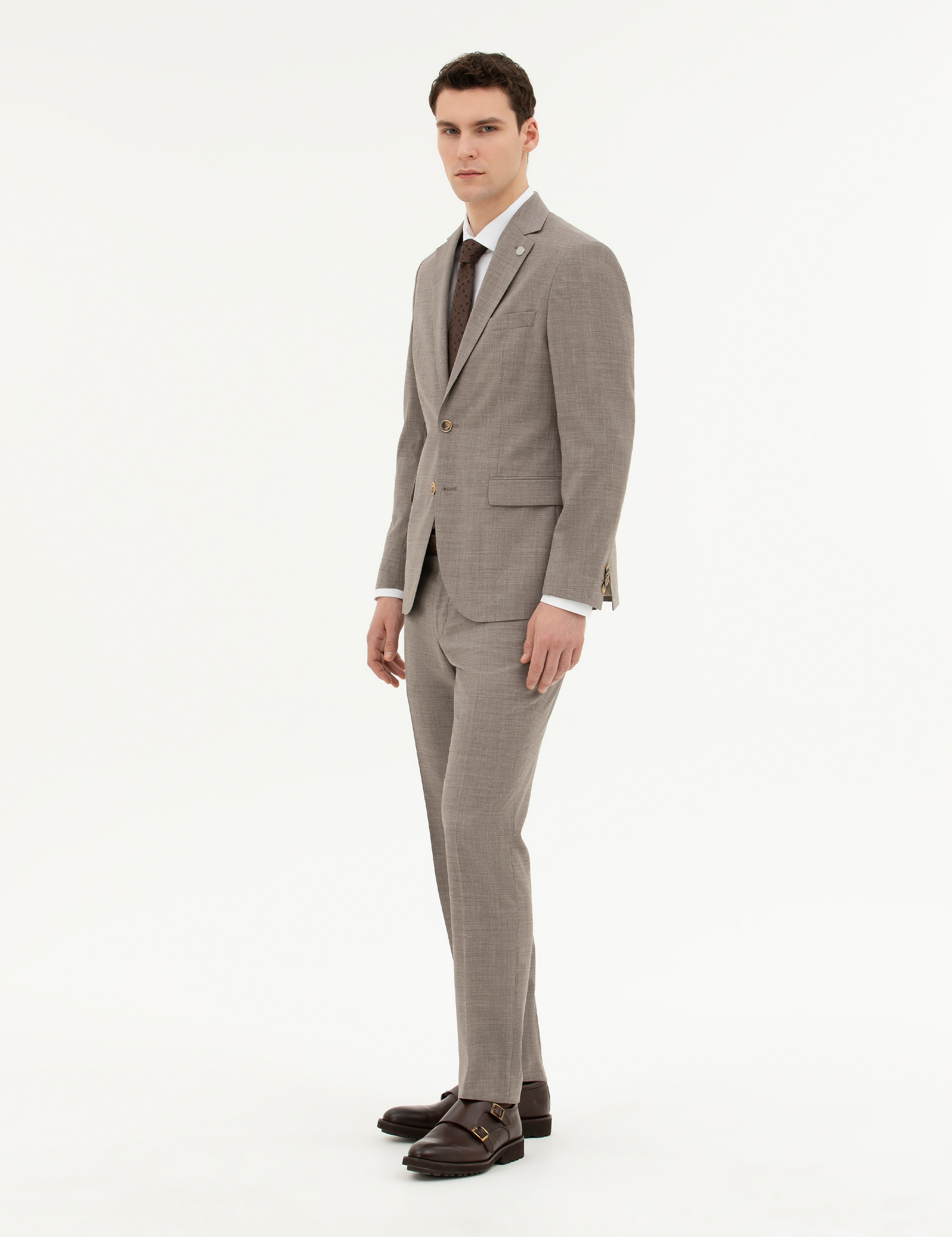 Açık Kahverengi Slim Fit Yün Takım Elbise - Image 4