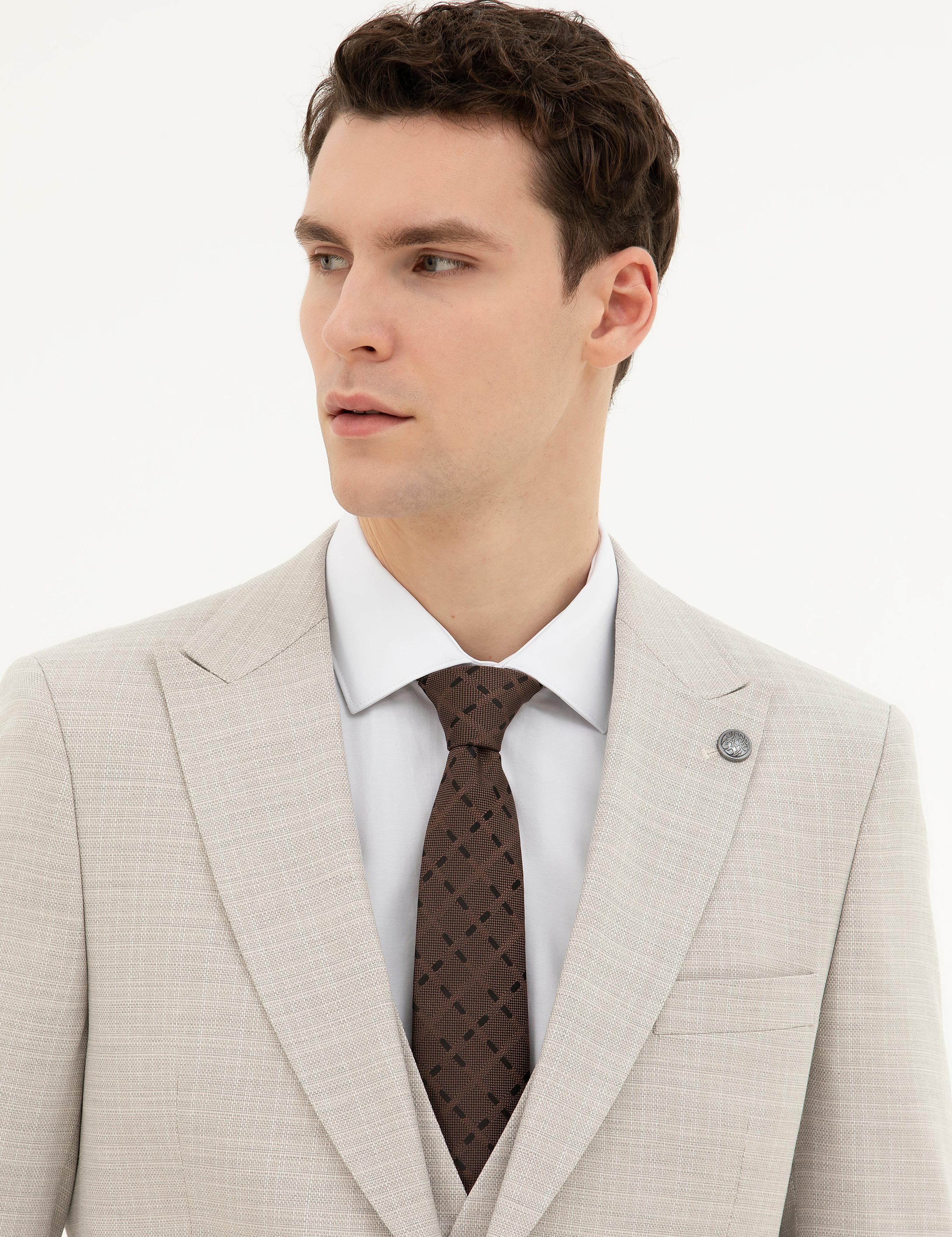 Bej Slim Fit Yelekli Takım Elbise