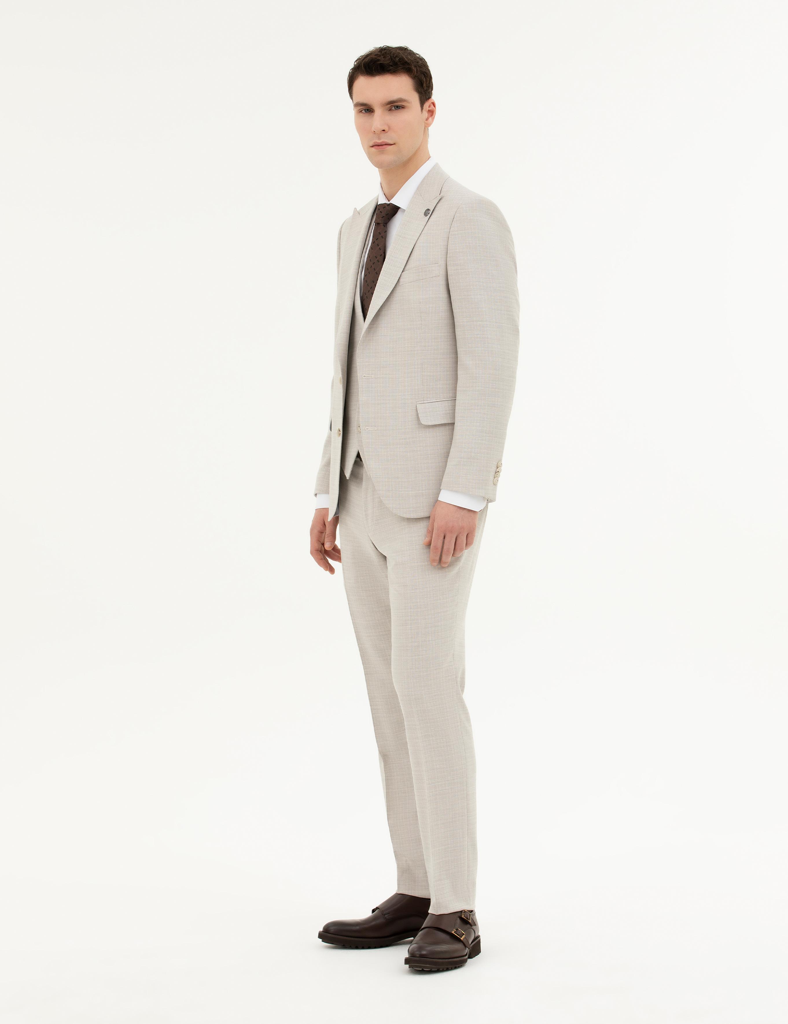 Bej Slim Fit Yelekli Takım Elbise