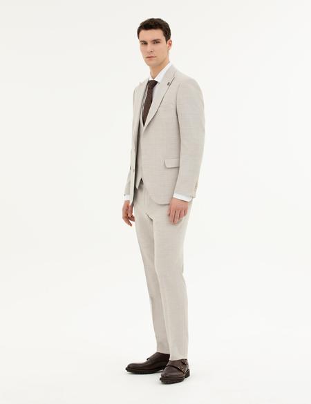 Bej Slim Fit Yelekli Takım Elbise - 50288524026