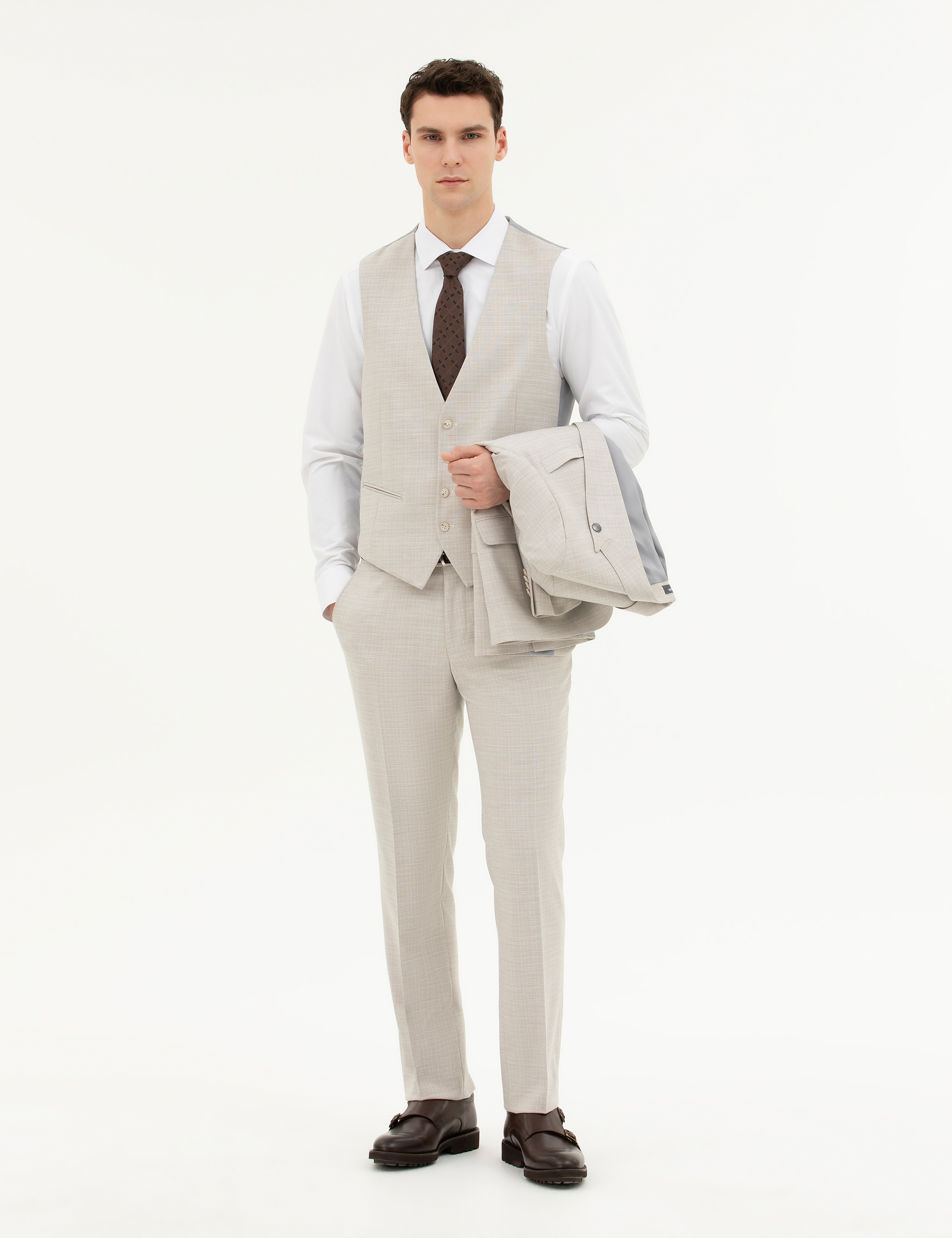 Bej Slim Fit Yelekli Takım Elbise - Image 2