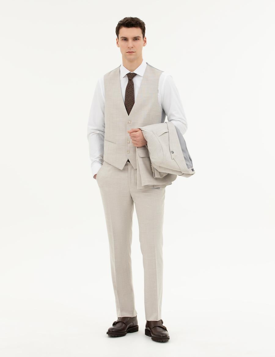 Bej Slim Fit Yelekli Takım Elbise
