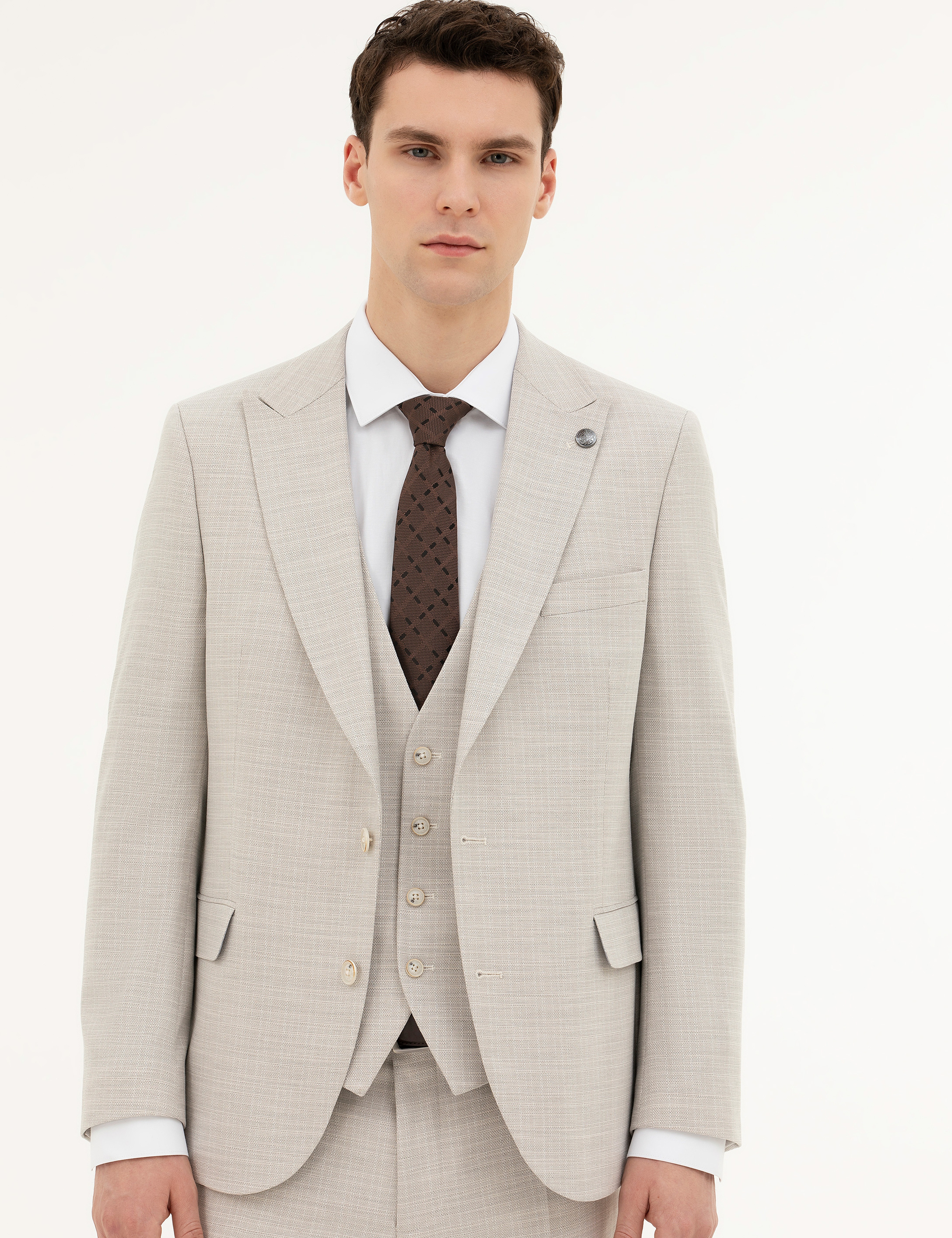 Bej Slim Fit Yelekli Takım Elbise
