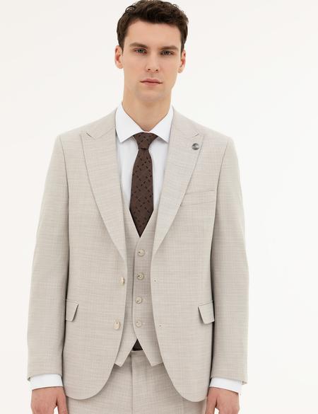 Bej Slim Fit Yelekli Takım Elbise - 50288524026