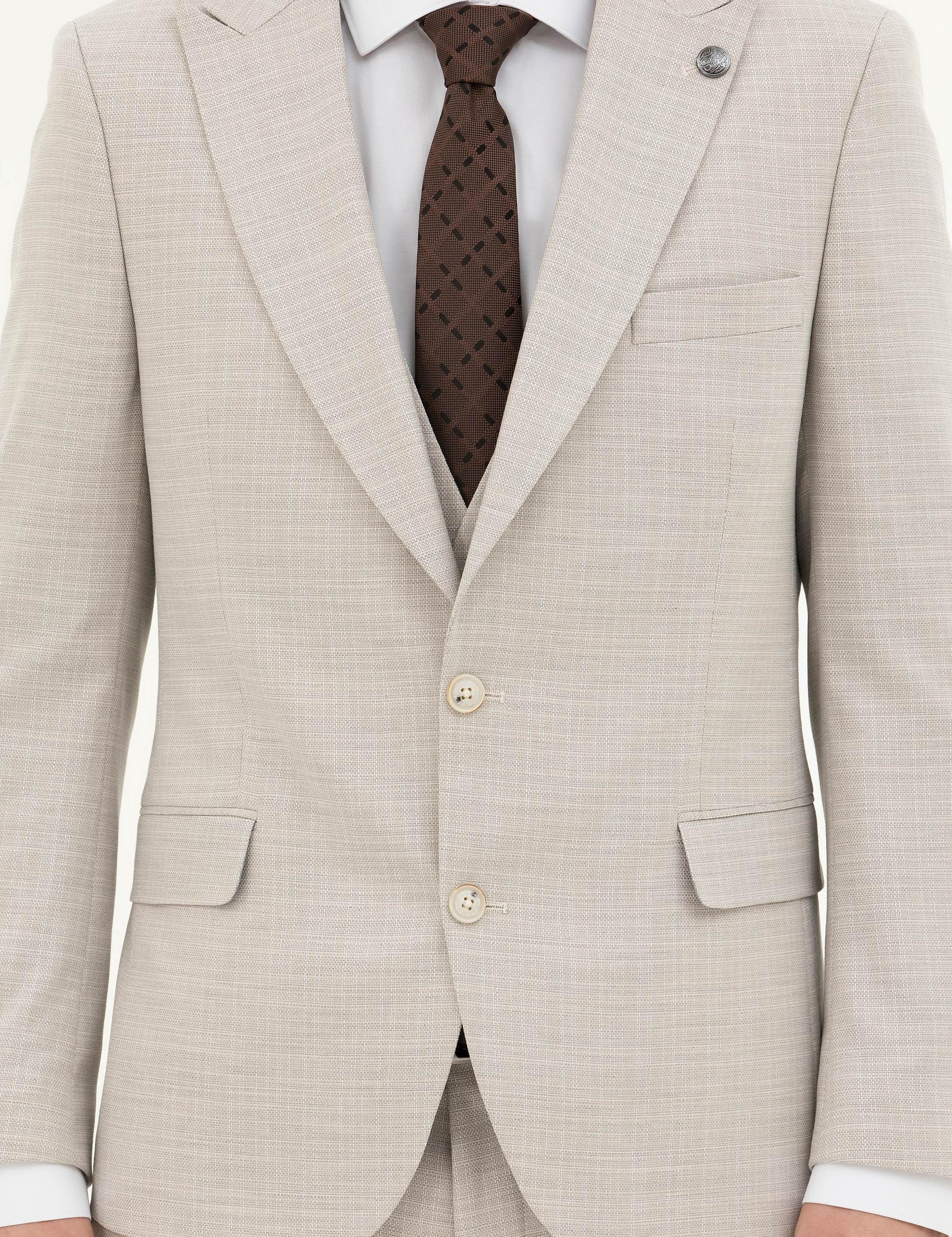 Bej Slim Fit Yelekli Takım Elbise