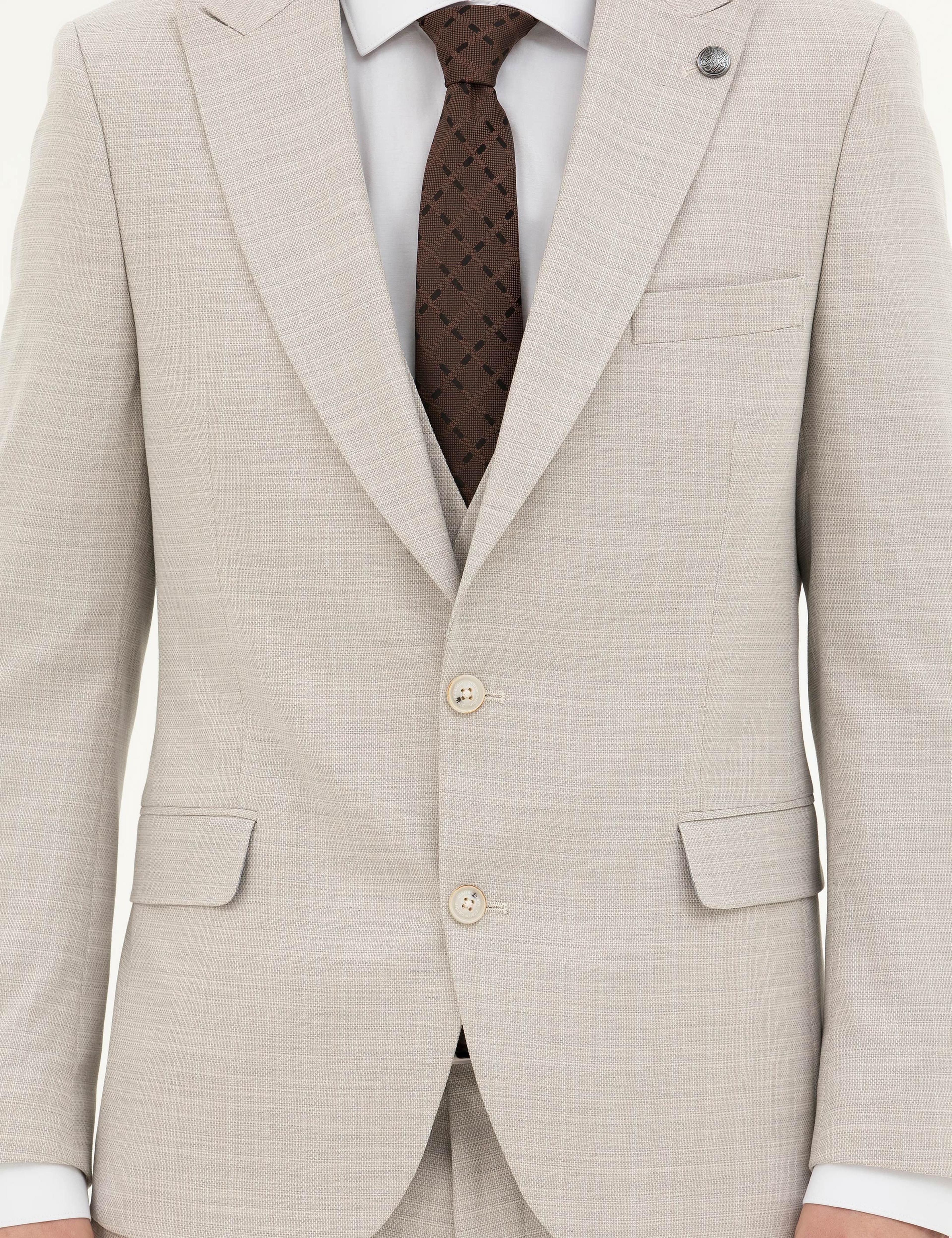 Bej Slim Fit Yelekli Takım Elbise