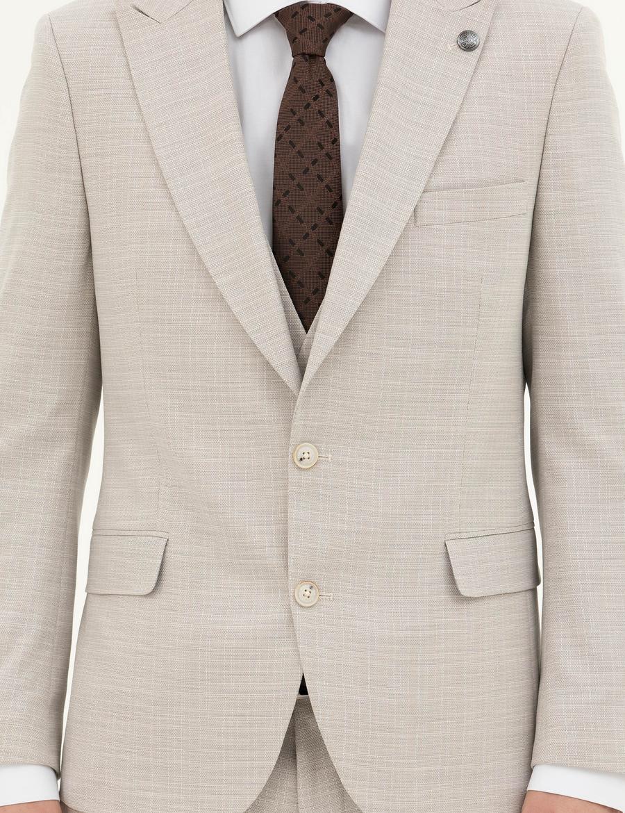 Bej Slim Fit Yelekli Takım Elbise