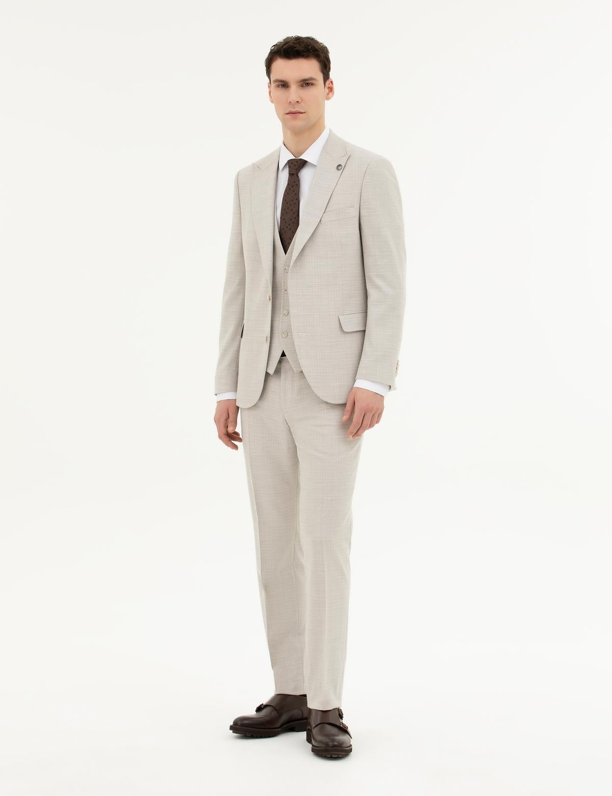 Bej Slim Fit Yelekli Takım Elbise