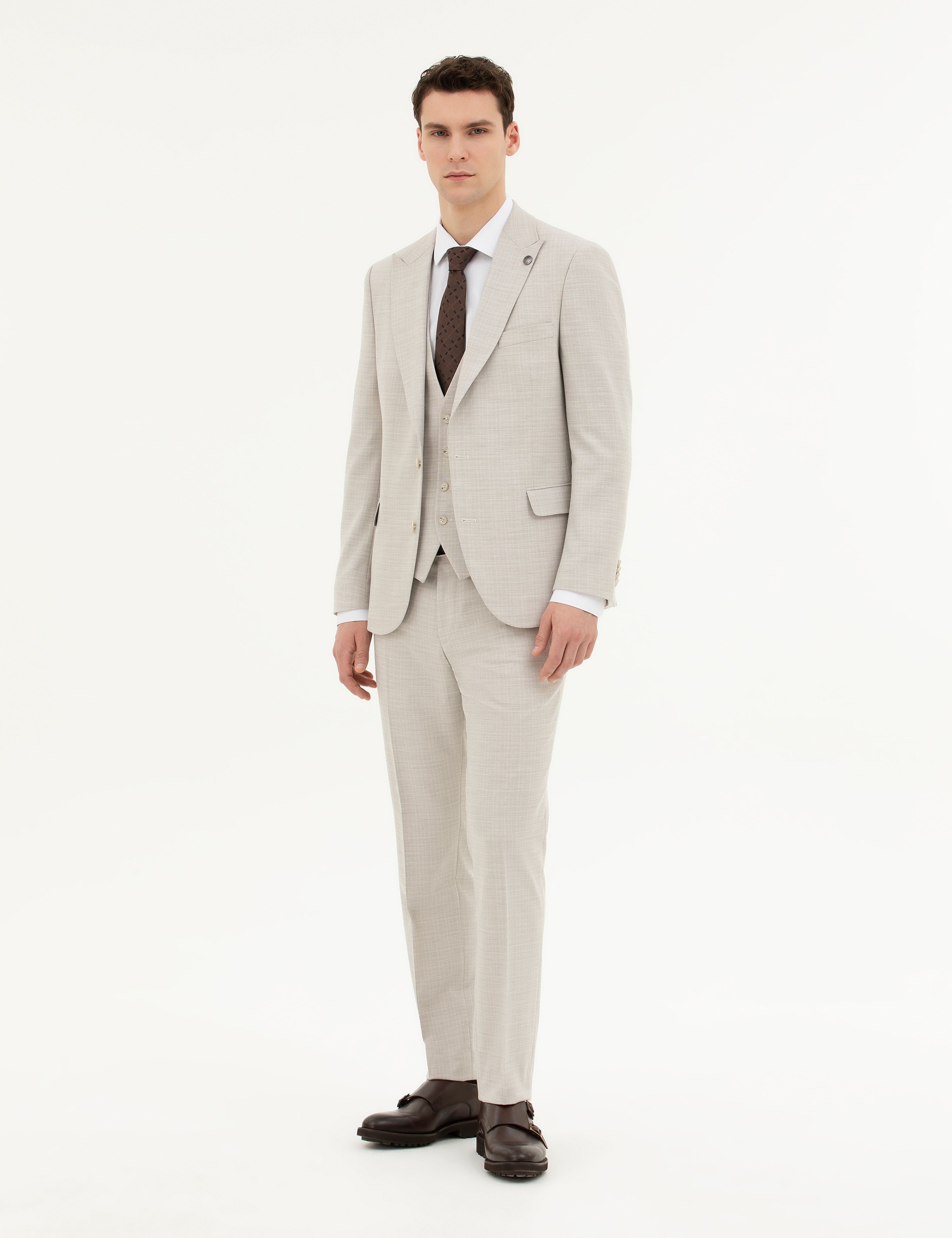 Bej Slim Fit Yelekli Takım Elbise - Image 1