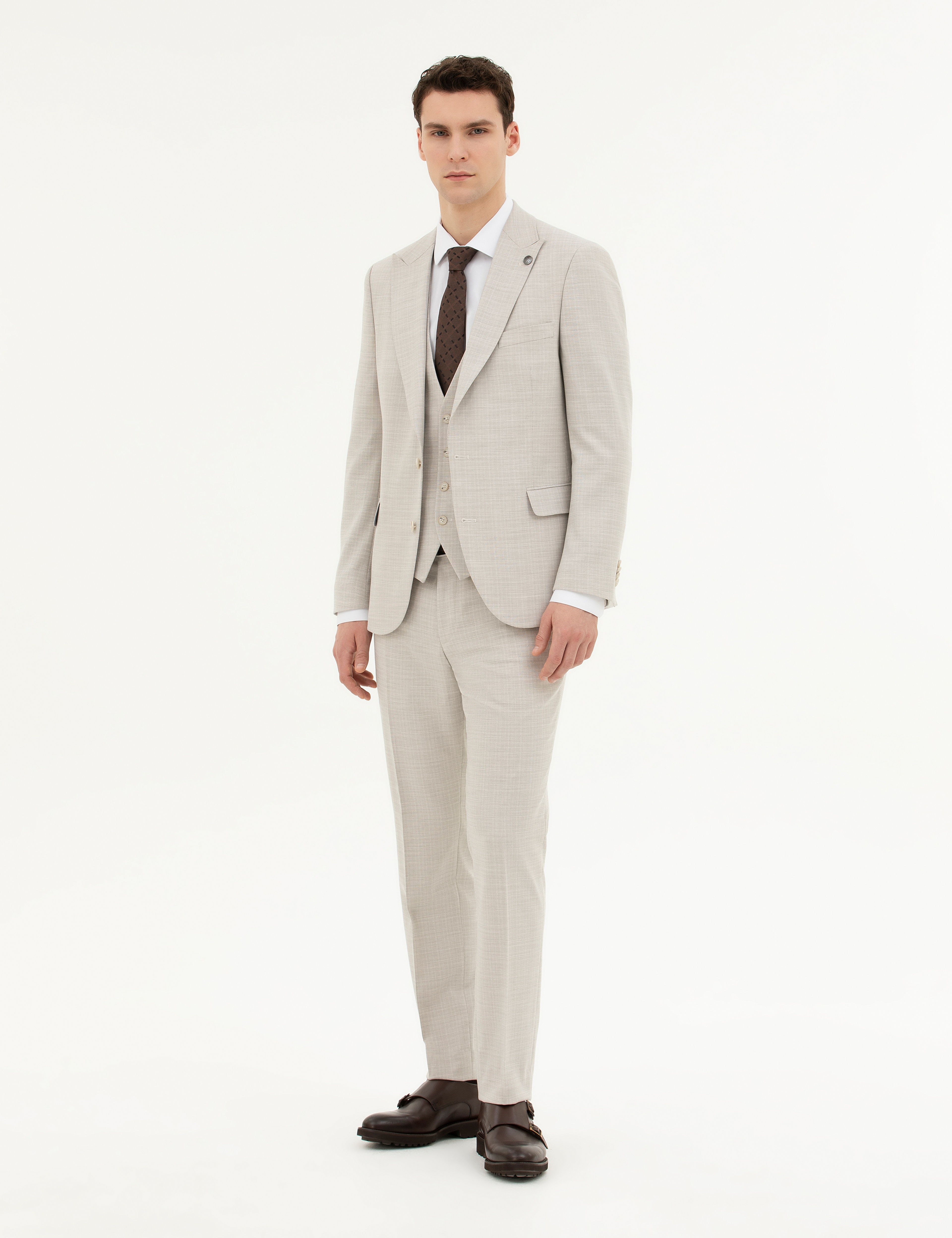 Bej Slim Fit Yelekli Takım Elbise