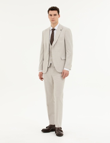 Bej Slim Fit Yelekli Takım Elbise