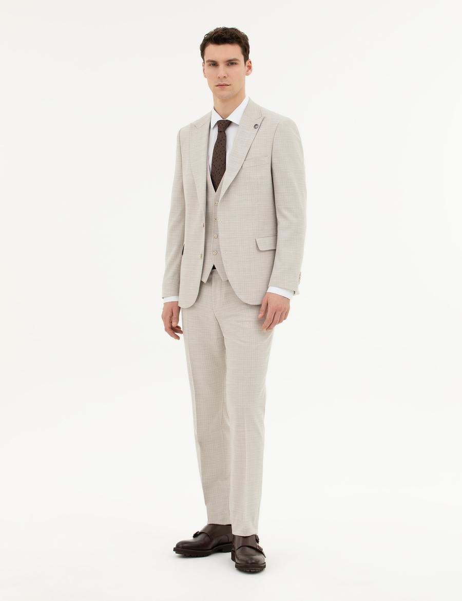 Bej Slim Fit Yelekli Takım Elbise