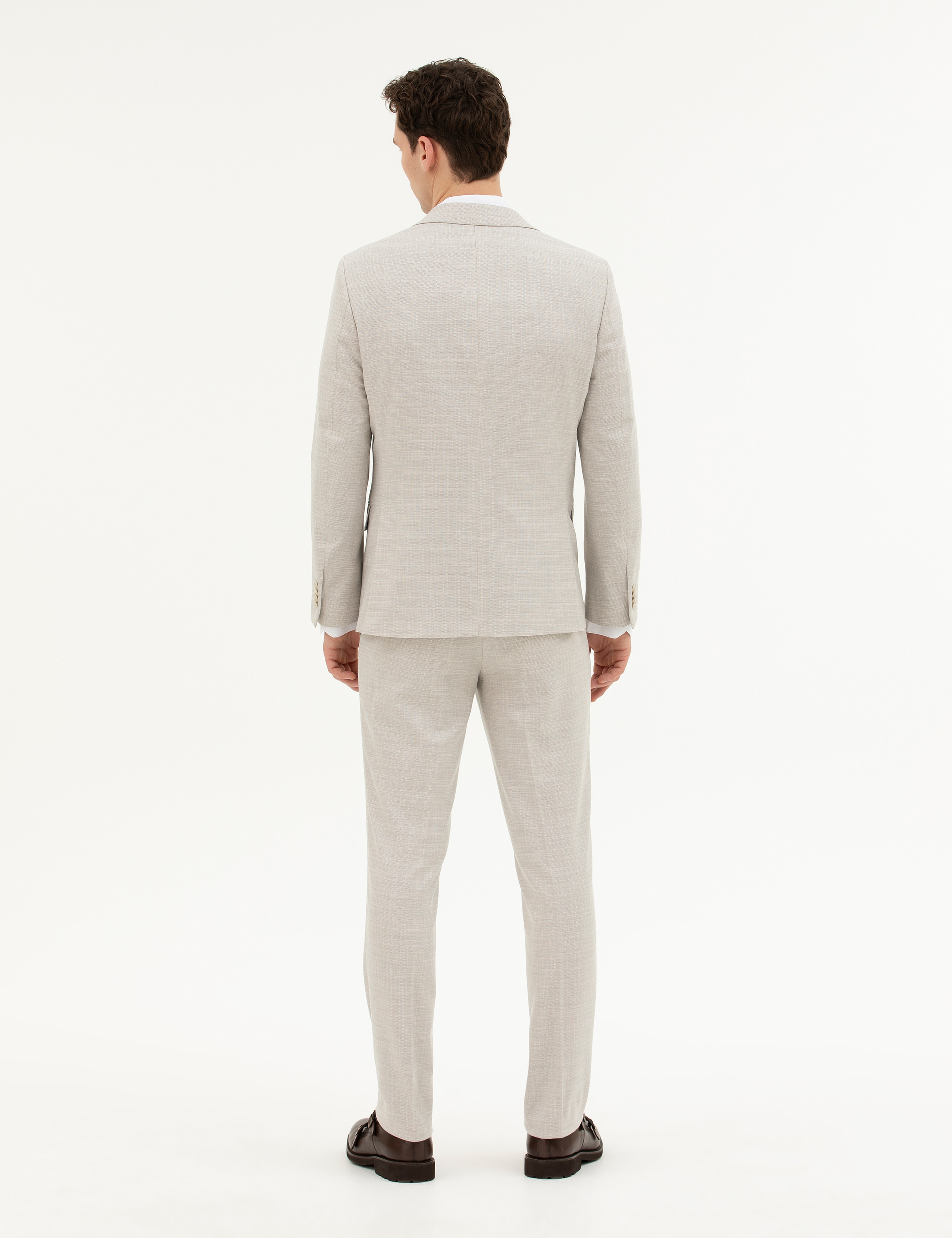 Bej Slim Fit Yelekli Takım Elbise