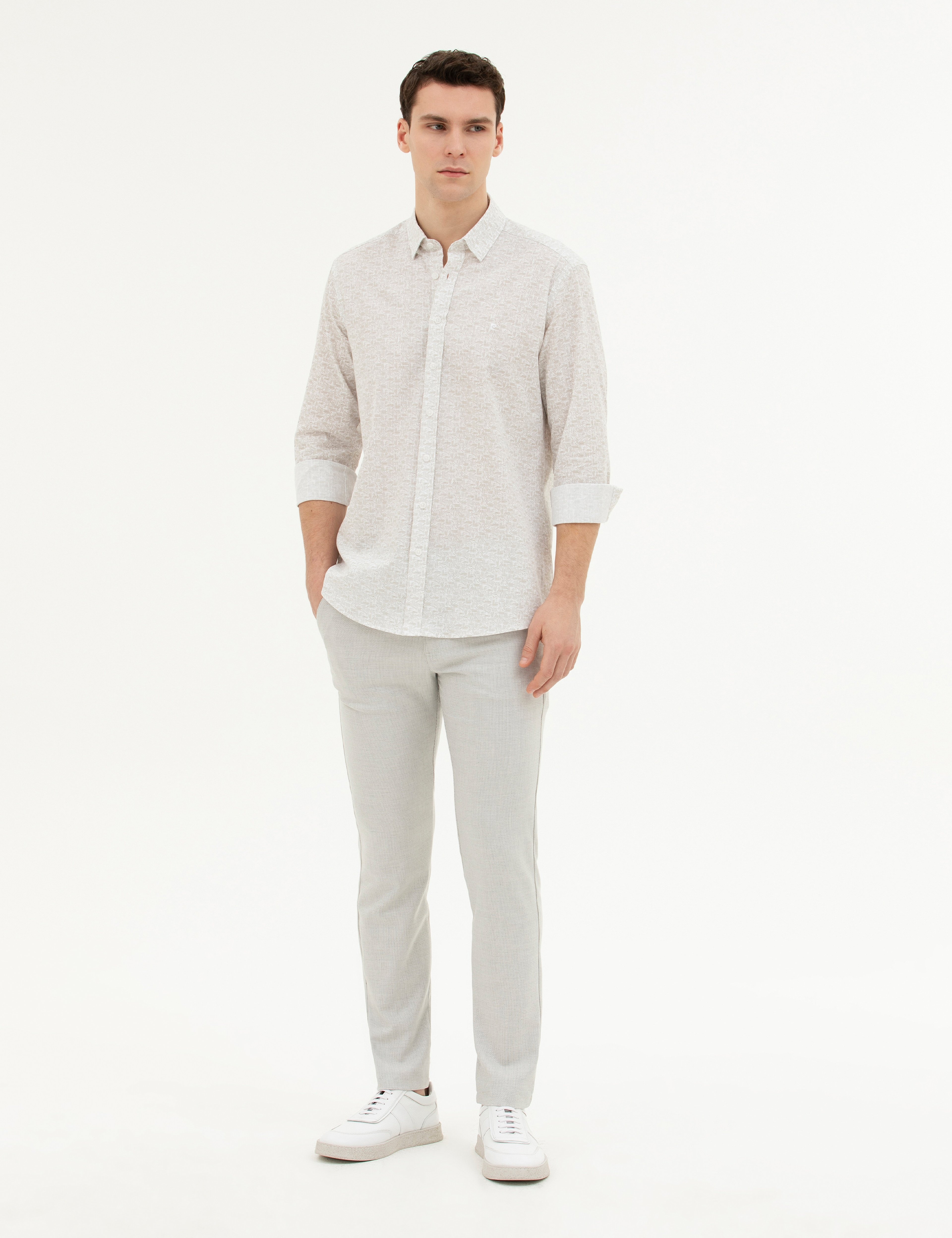 Gri Slim Fit Beli Lastikli Kanvas Pantolon - Image 1