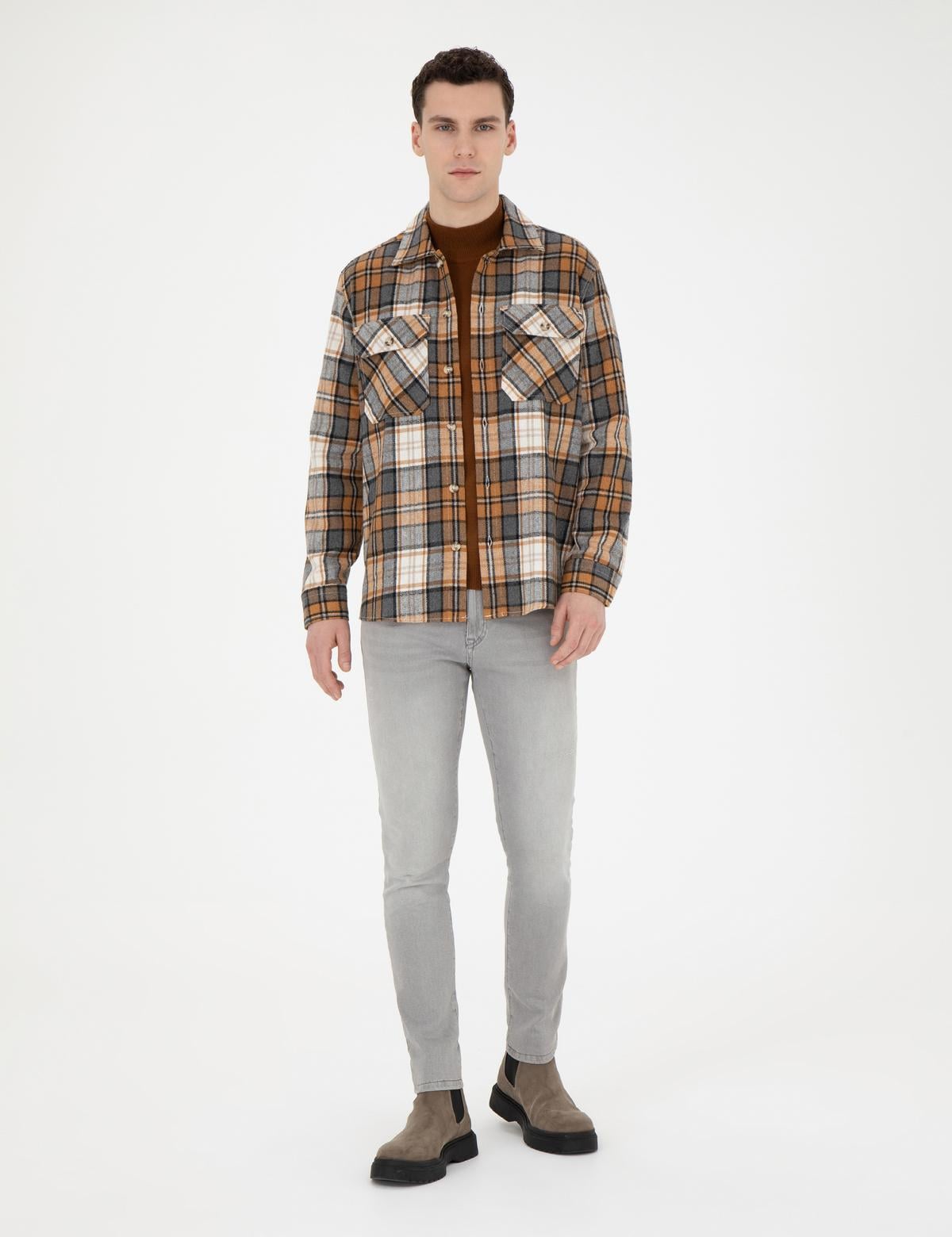 Açık Kahverengi Oduncu Oversize Uzun Kollu Gömlek - 50275763018