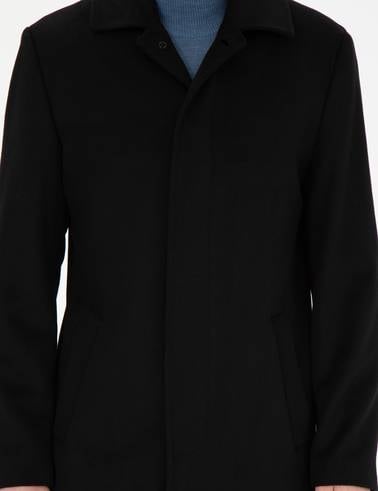 Siyah Yün Karışımlı Slim Fit Kaşe Kaban