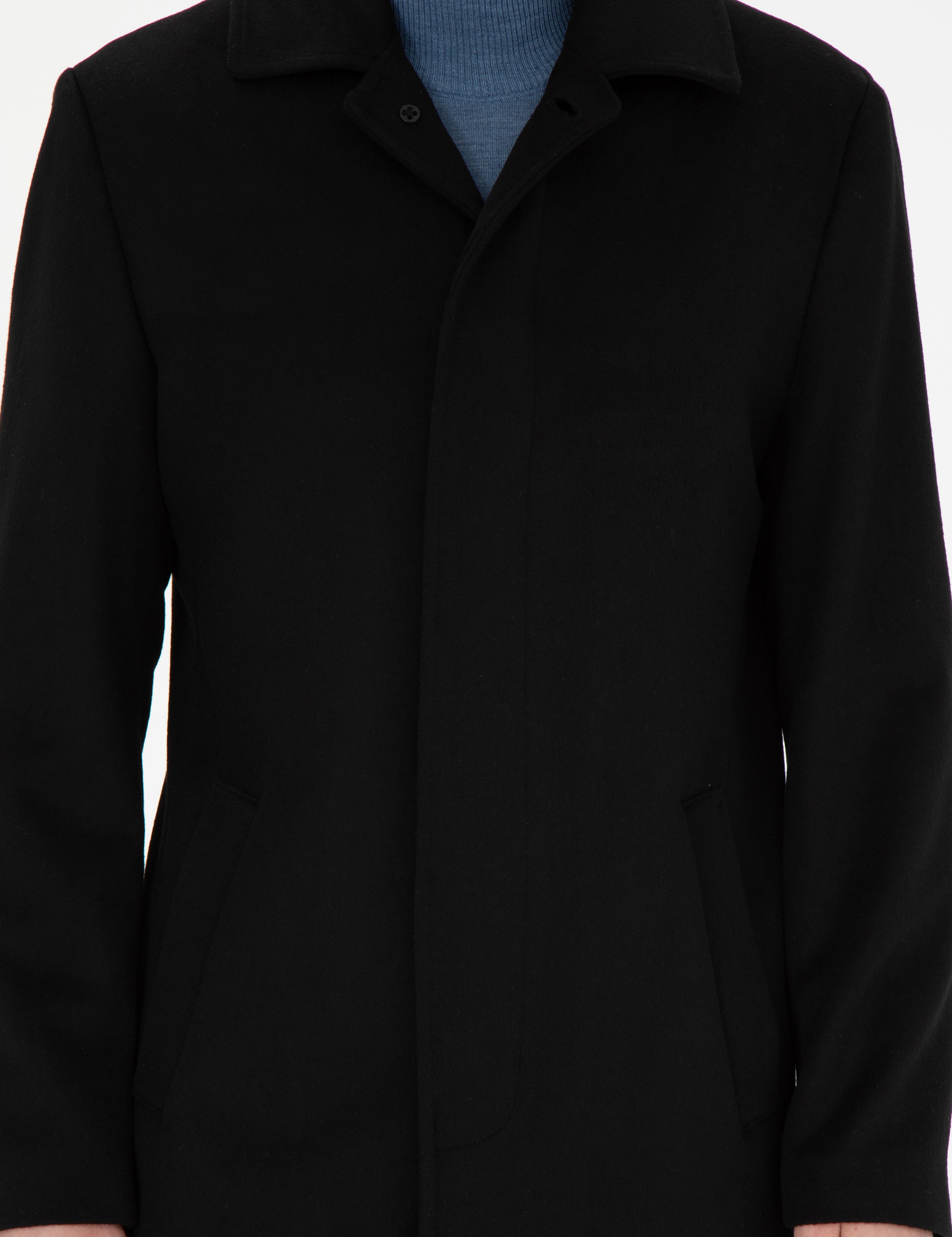 Siyah Yün Karışımlı Slim Fit Kaşe Kaban - Image 6