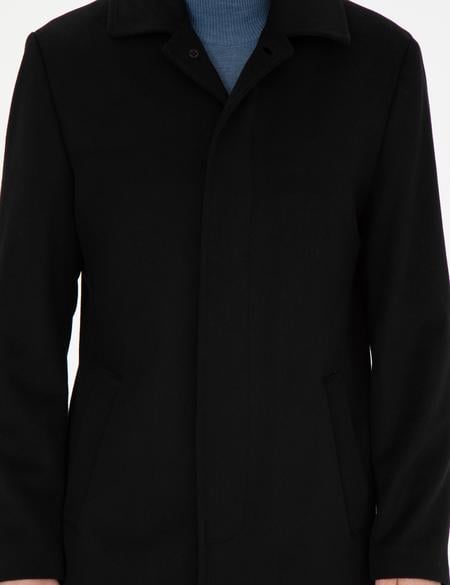 Siyah Yün Karışımlı Slim Fit Kaşe Kaban - 50270888002