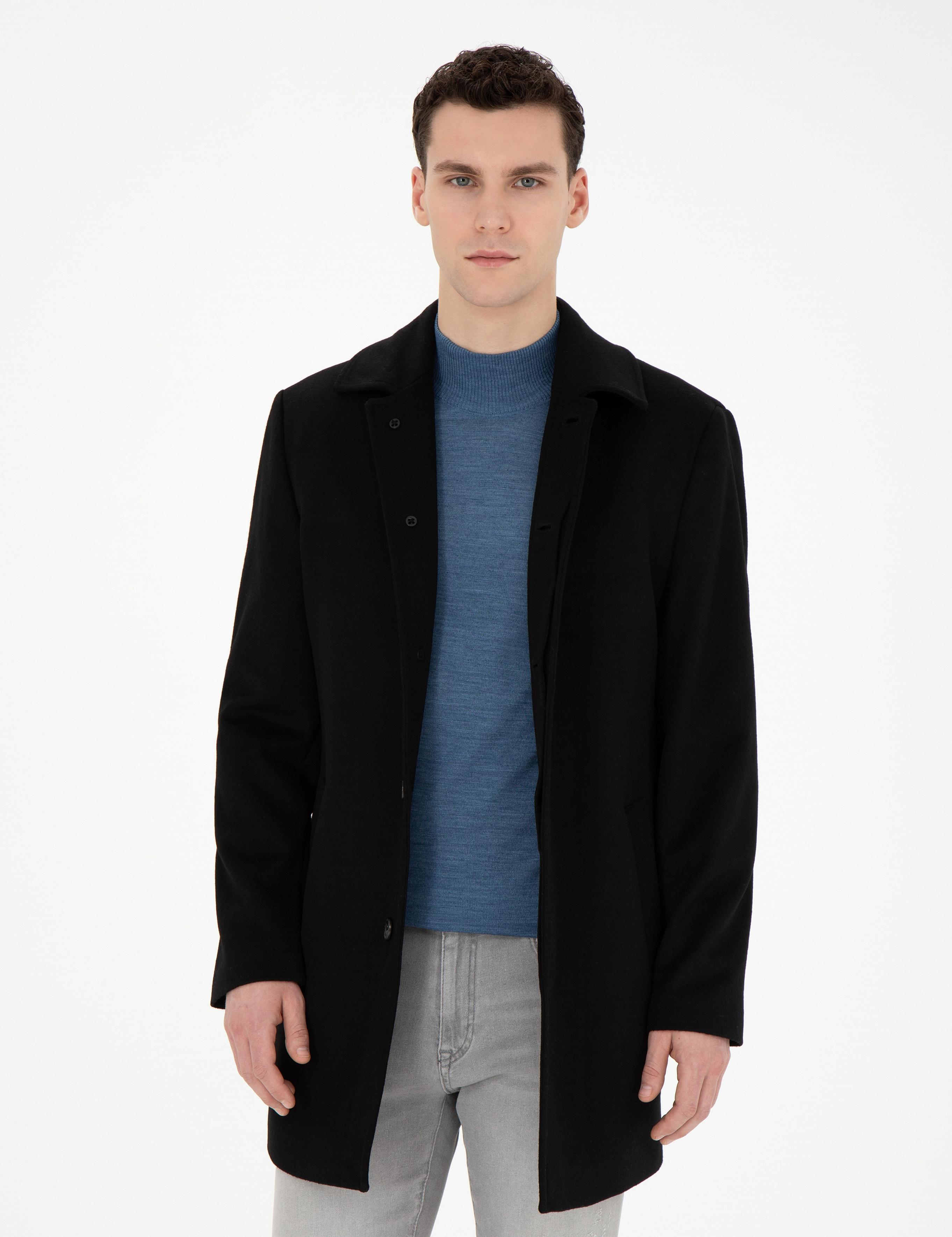 Siyah Yün Karışımlı Slim Fit Kaşe Kaban