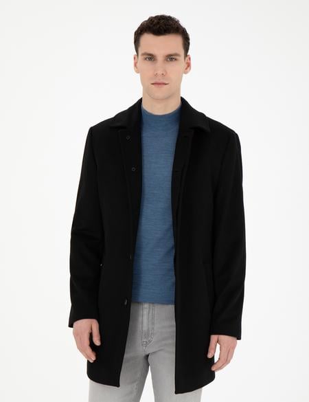 Siyah Yün Karışımlı Slim Fit Kaşe Kaban - 50270888002