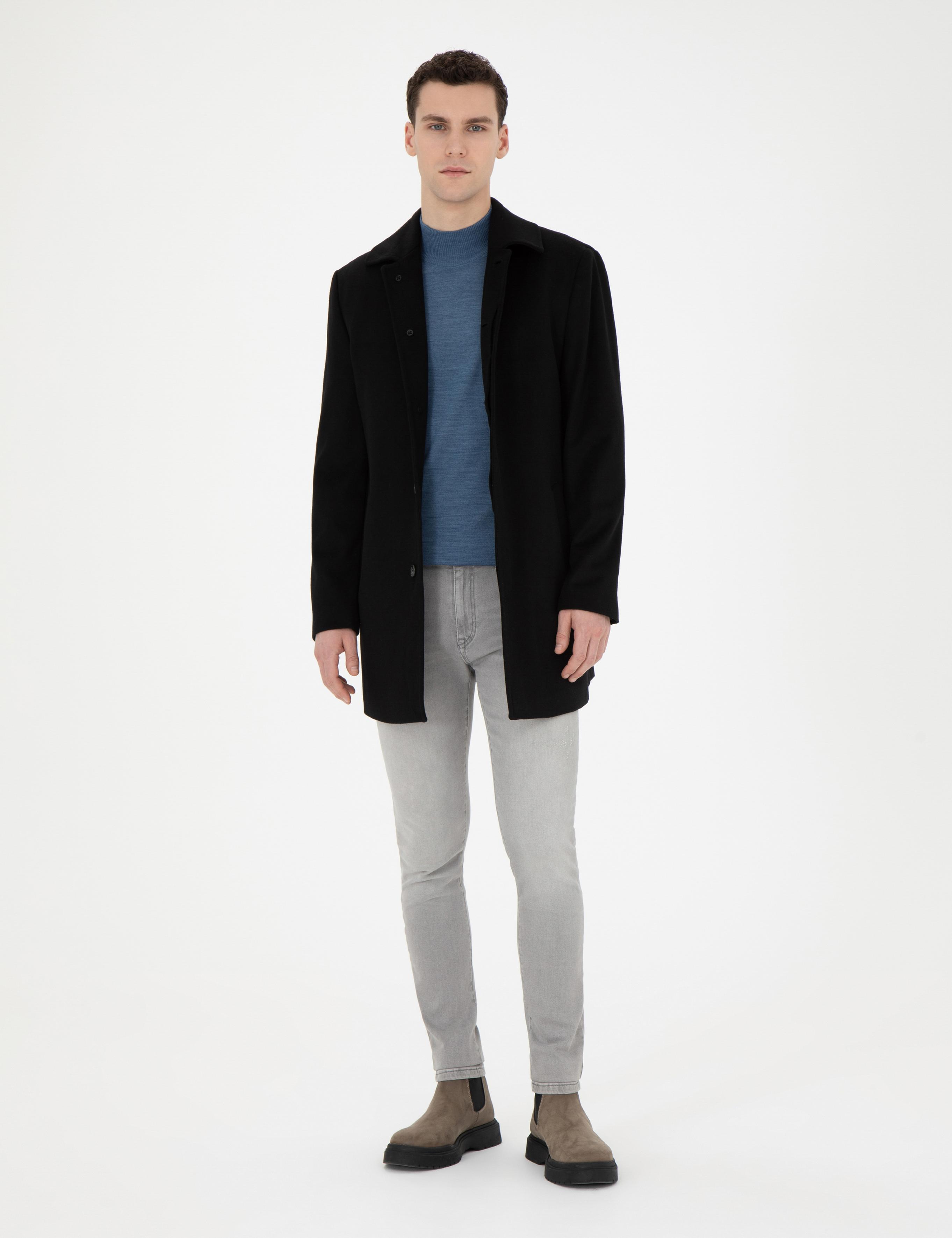 Siyah Yün Karışımlı Slim Fit Kaşe Kaban