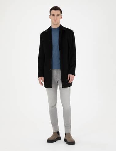 Siyah Yün Karışımlı Slim Fit Kaşe Kaban