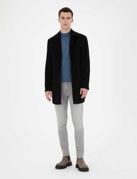 Siyah Yün Karışımlı Slim Fit Kaşe Kaban - 50270888002