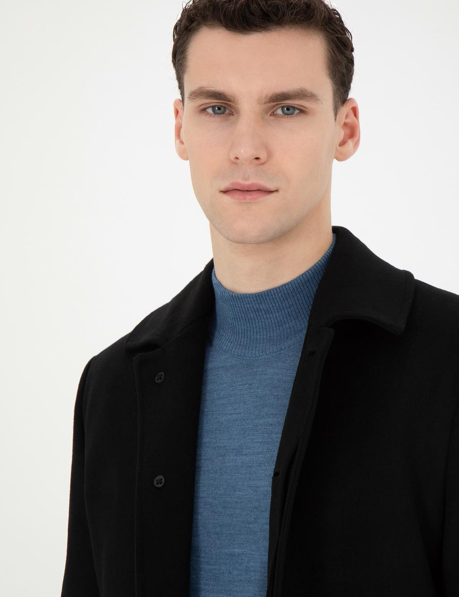 Siyah Yün Karışımlı Slim Fit Kaşe Kaban