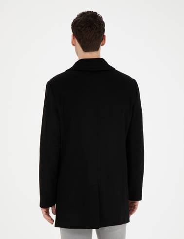 Siyah Yün Karışımlı Slim Fit Kaşe Kaban