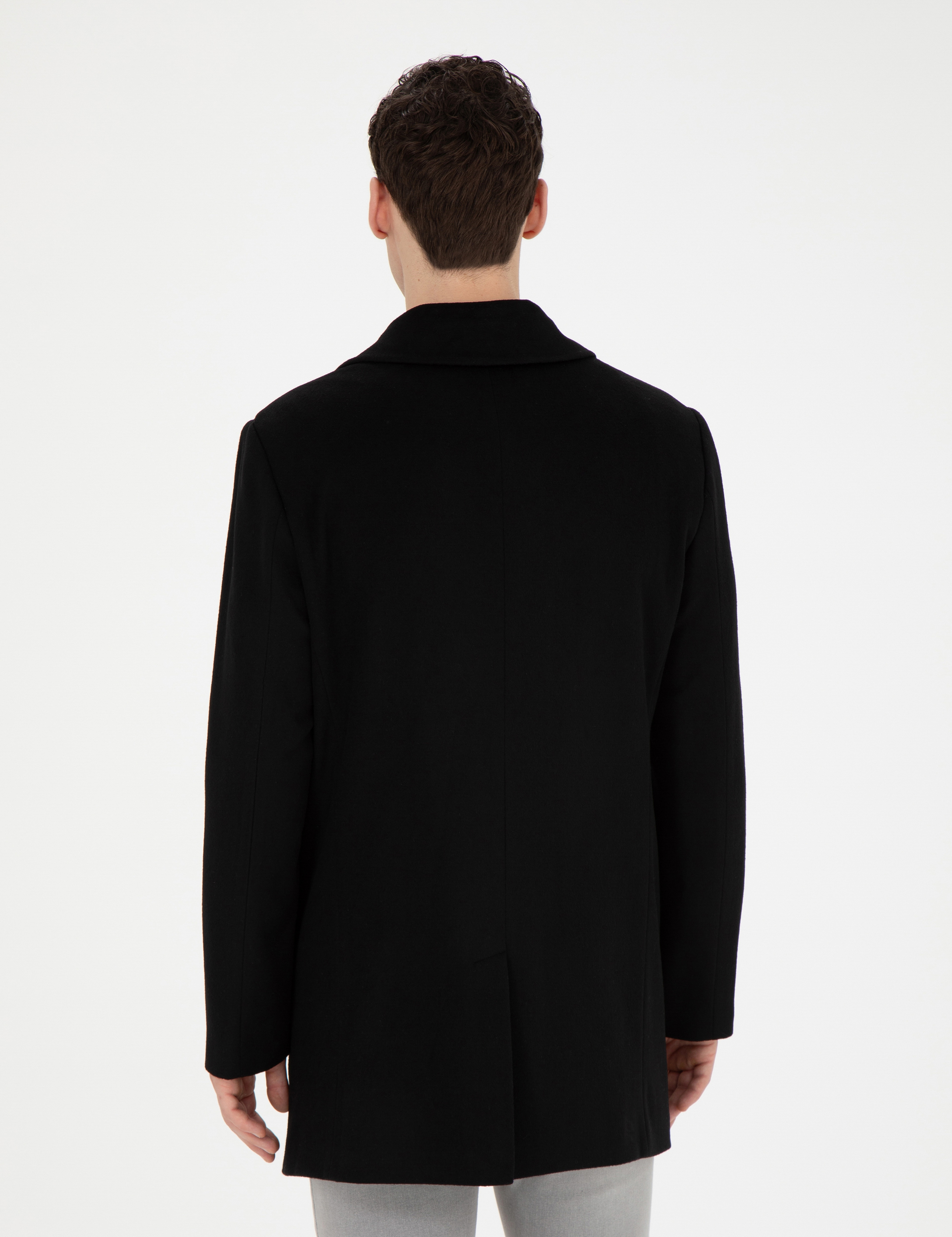 Siyah Yün Karışımlı Slim Fit Kaşe Kaban - Image 5