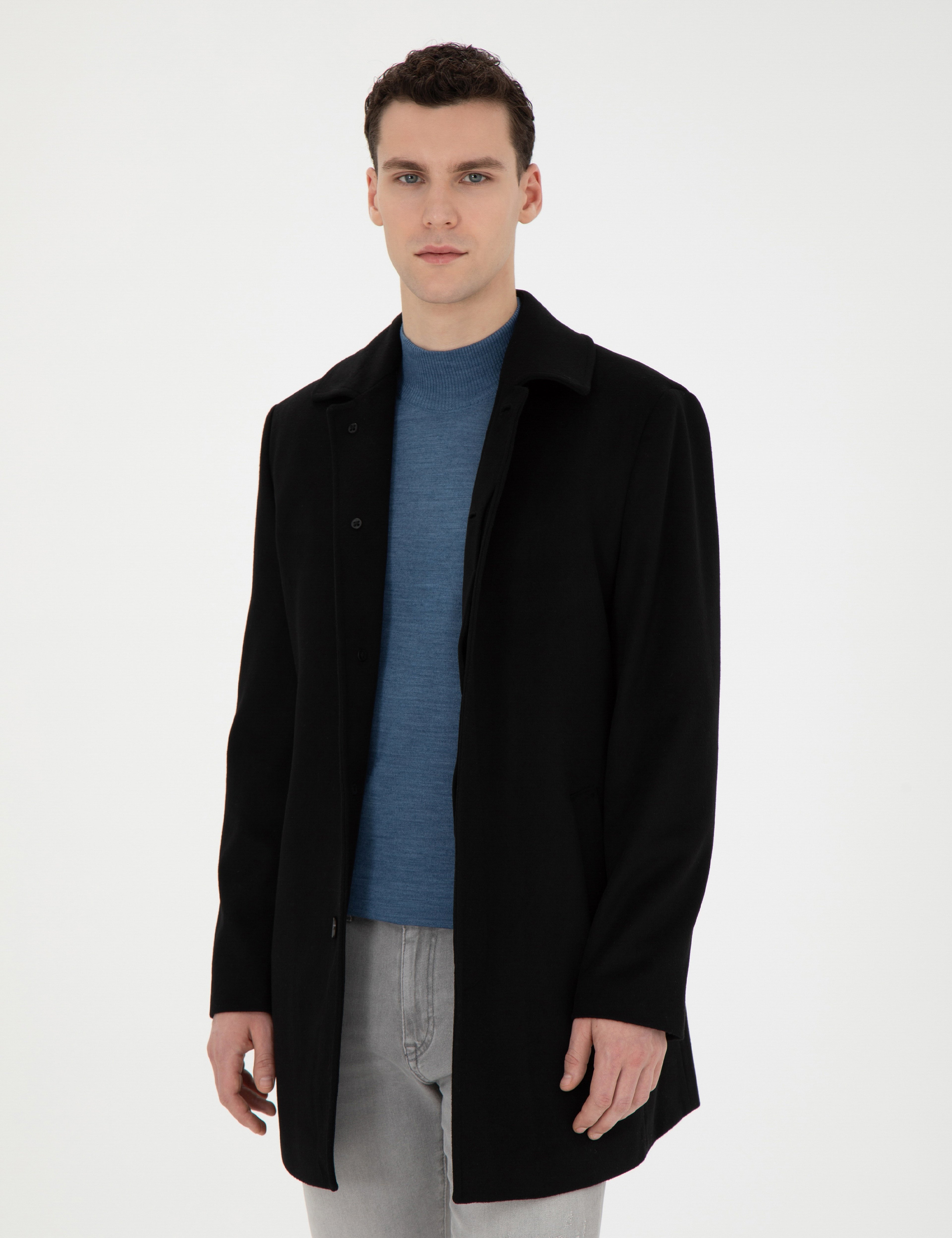 Siyah Yün Karışımlı Slim Fit Kaşe Kaban