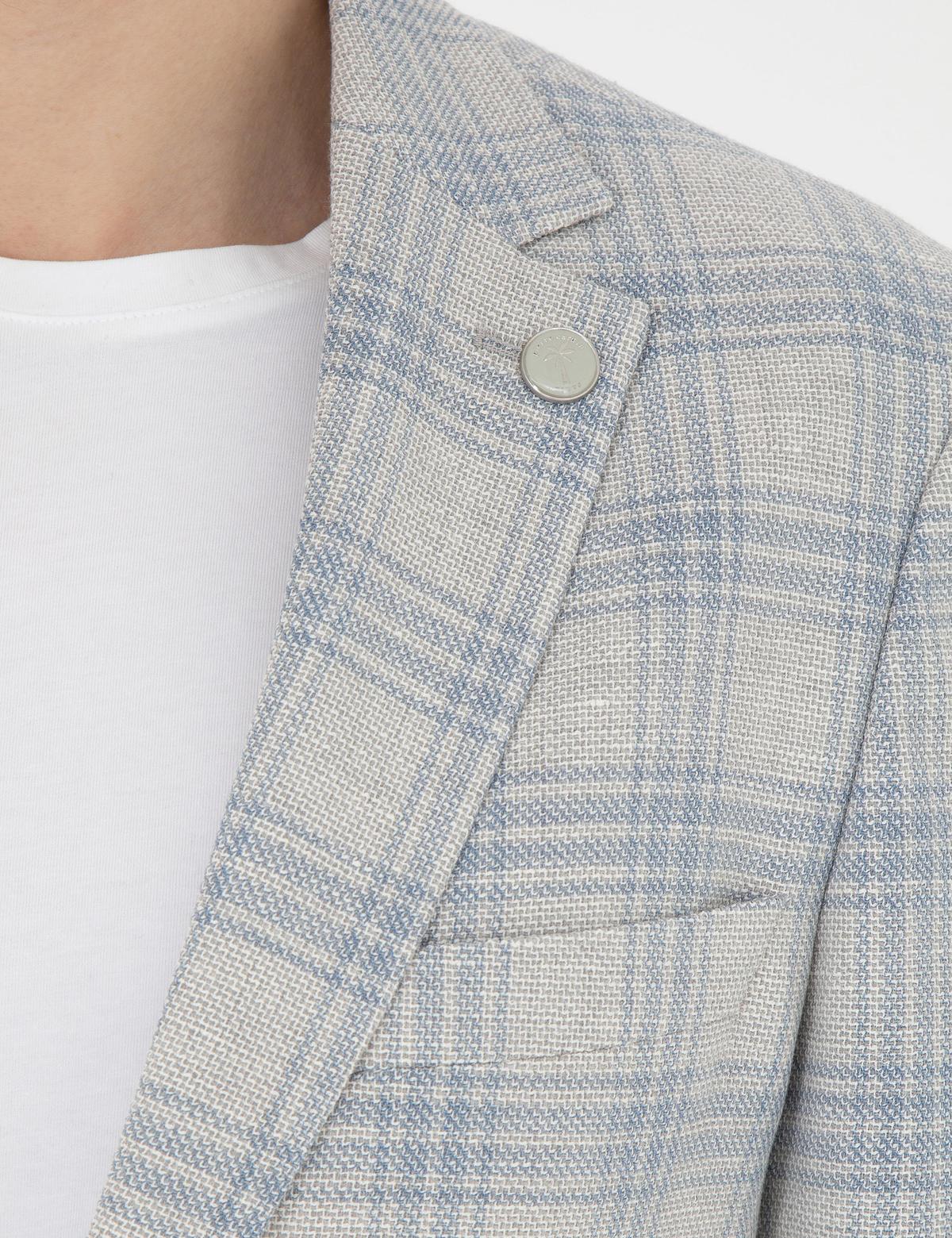 Açık Mavi Slim Fit Keten Karışımlı Ekose Ceket - 50284961023