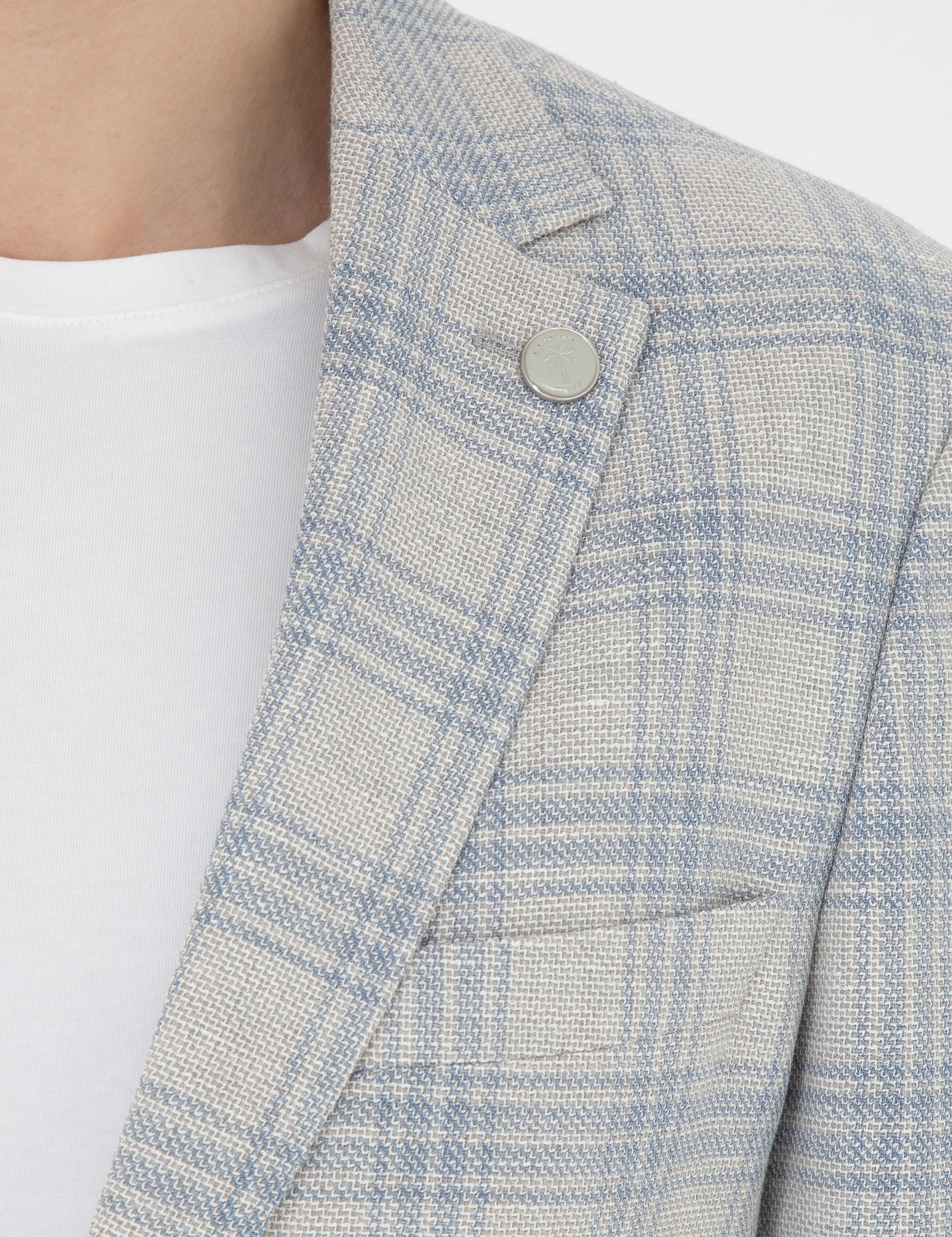 Açık Mavi Slim Fit Keten Karışımlı Ekose Ceket