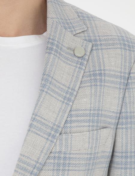Açık Mavi Slim Fit Keten Karışımlı Ekose Ceket - 50284961023