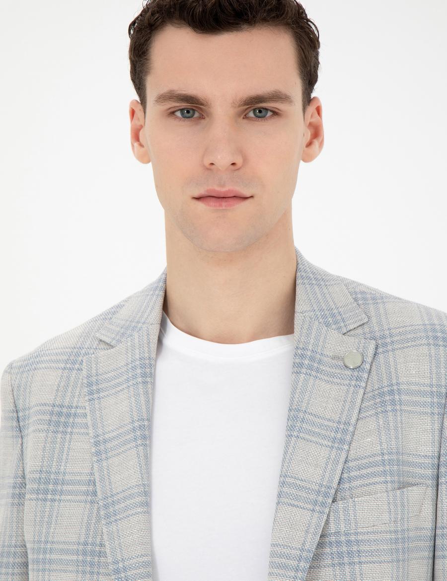 Açık Mavi Slim Fit Keten Karışımlı Ekose Ceket