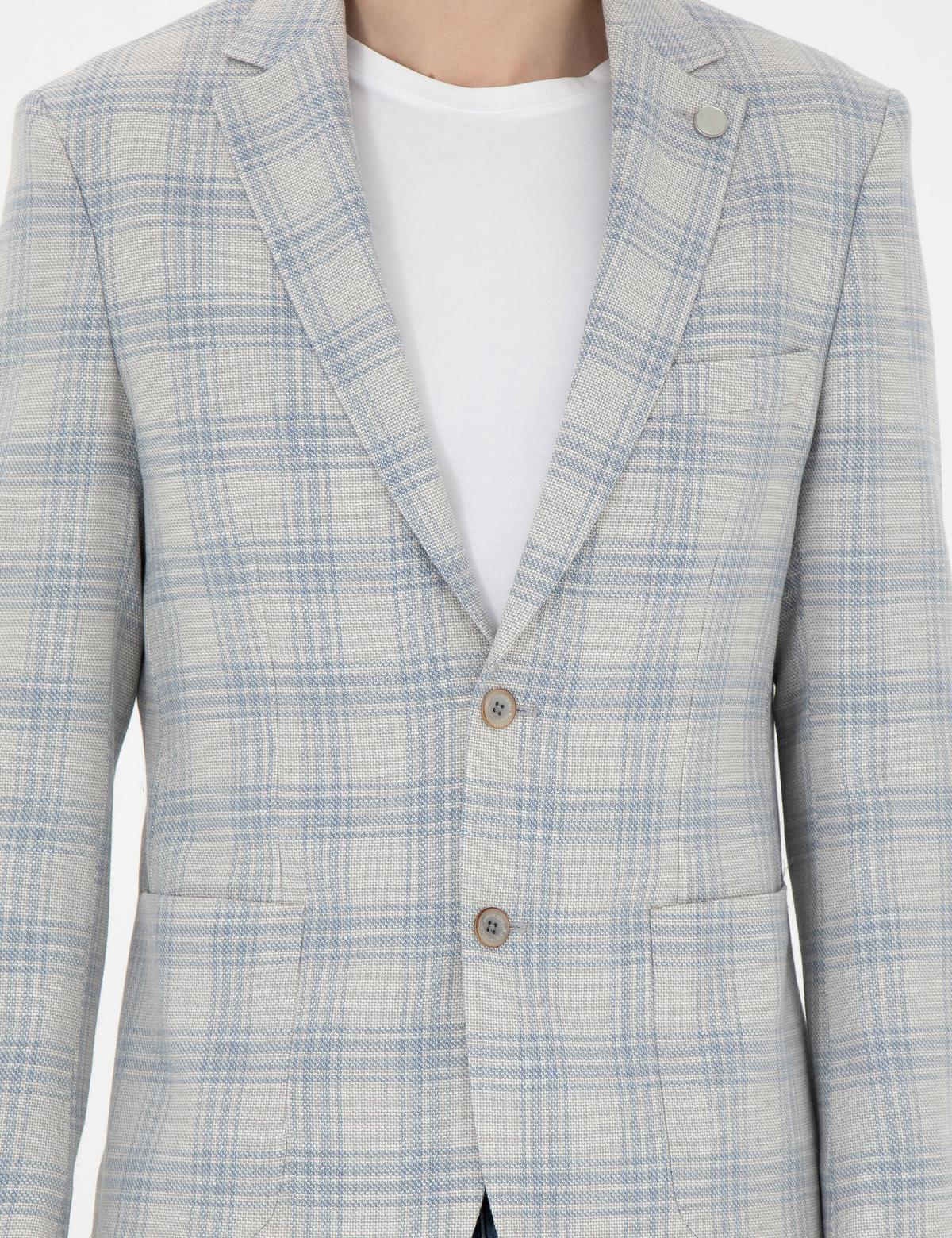 Açık Mavi Slim Fit Keten Karışımlı Ekose Ceket - 50284961023