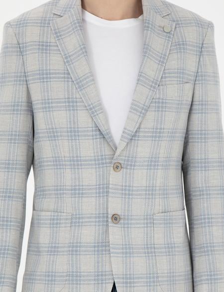 Açık Mavi Slim Fit Keten Karışımlı Ekose Ceket - 50284961023