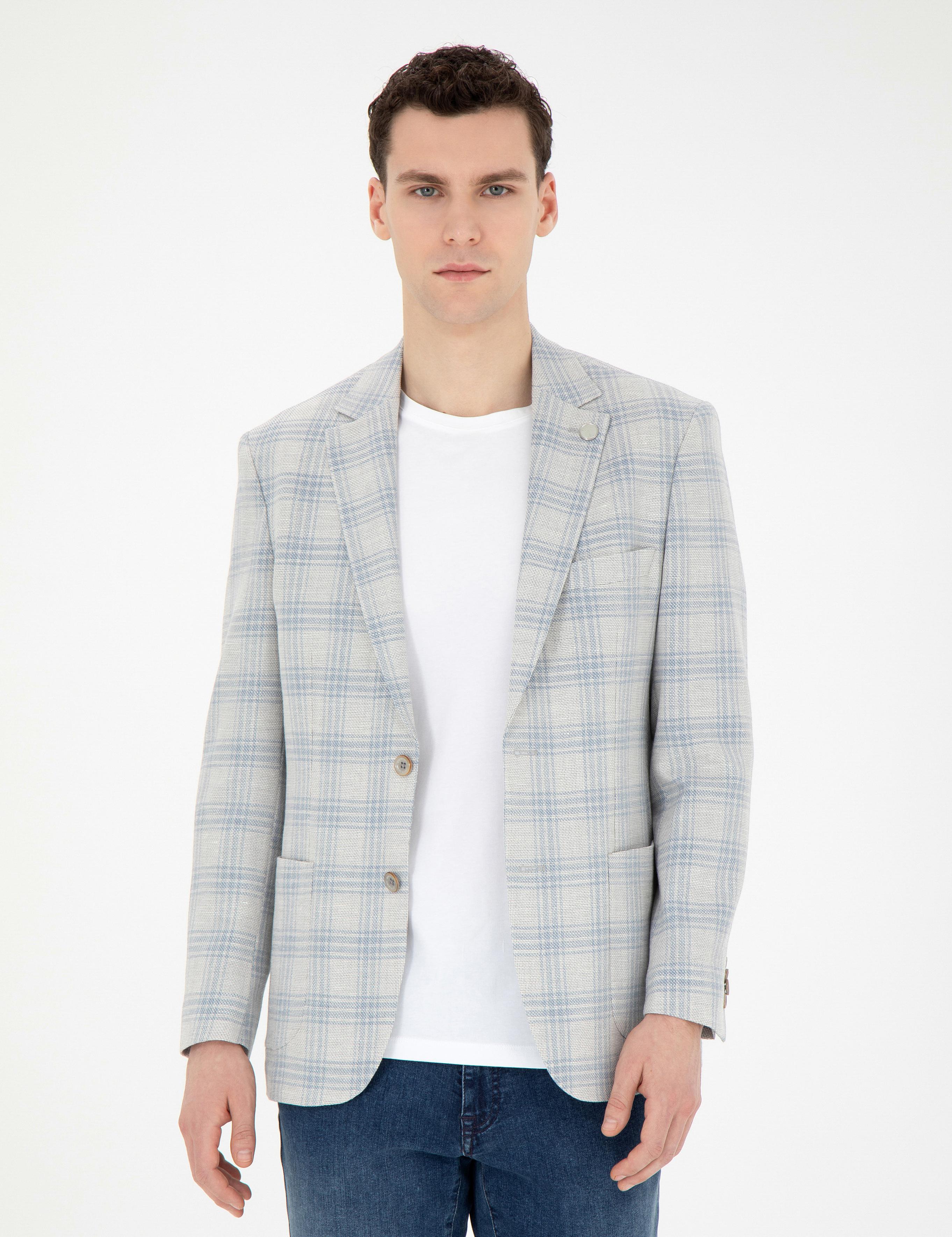 Açık Mavi Slim Fit Keten Karışımlı Ekose Ceket