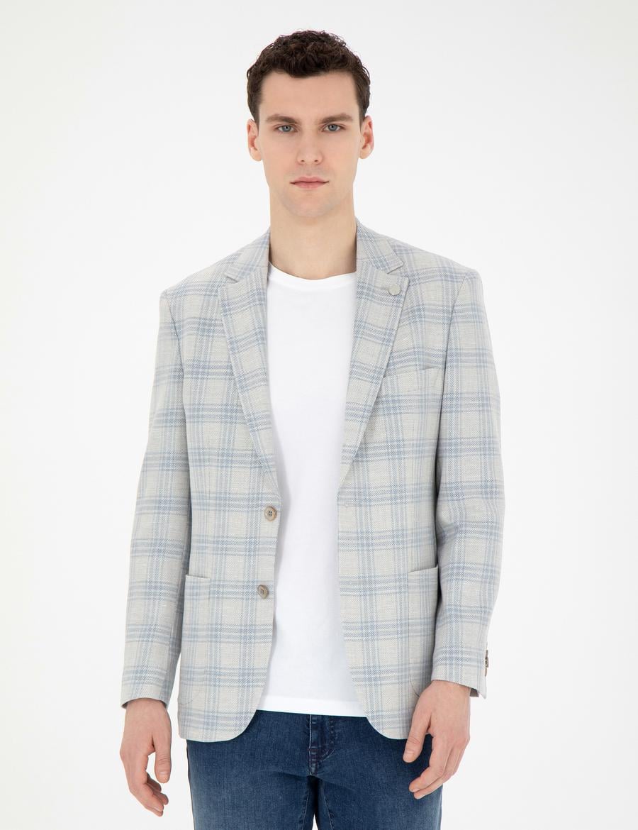Açık Mavi Slim Fit Keten Karışımlı Ekose Ceket